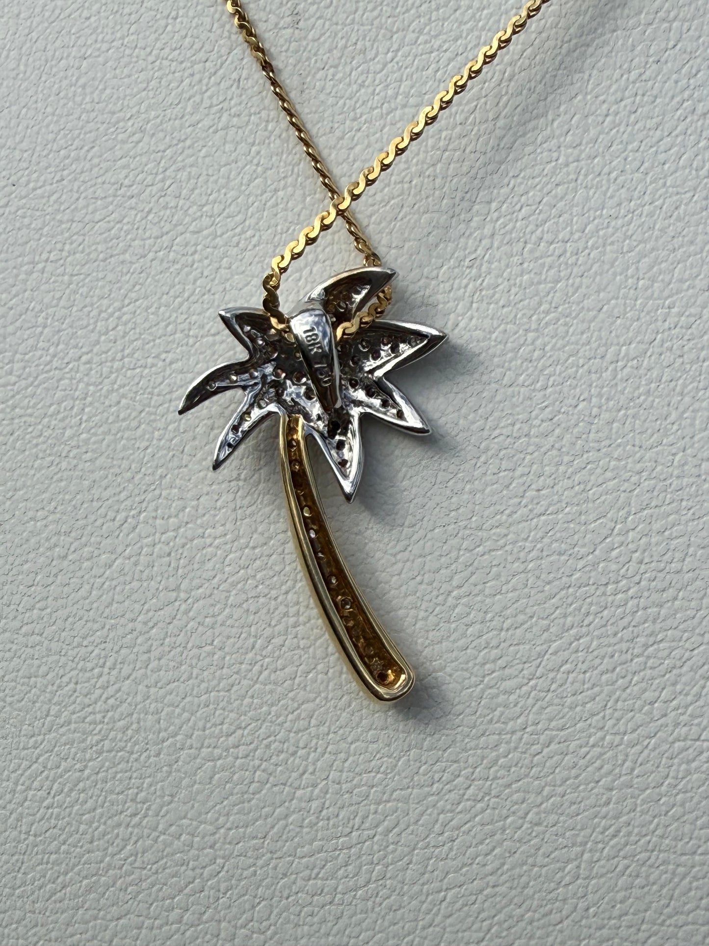 Natural Diamond Palm Tree 18K Yellow + White Gold Pendant & Necklace