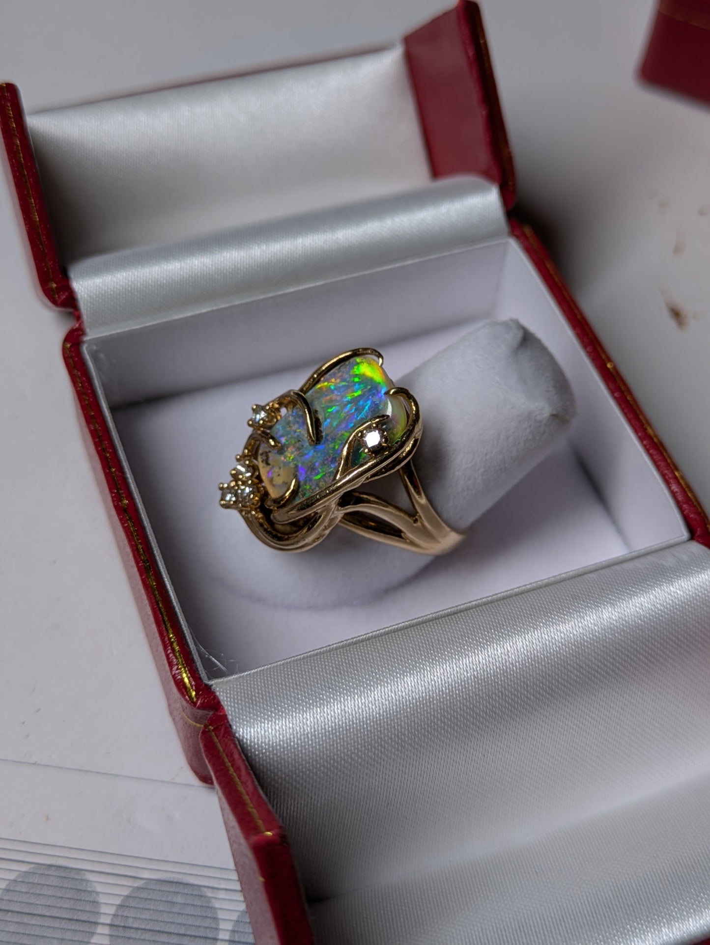 Natural Boulder Opal & Diamond 14k Yellow Gold Statement Ring (Size 7.25)