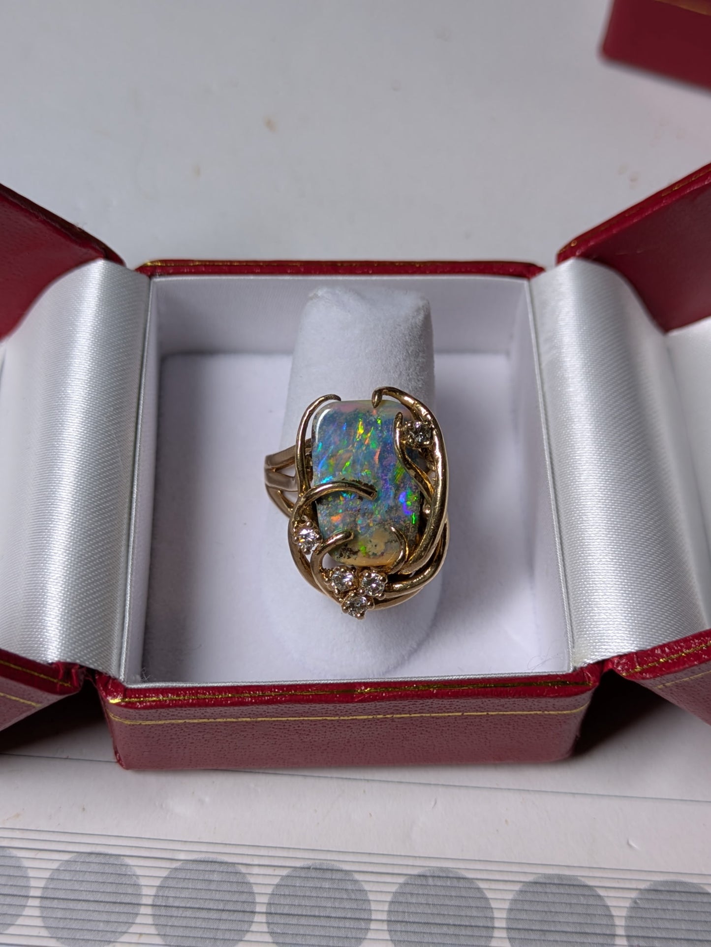 Natural Boulder Opal & Diamond 14k Yellow Gold Statement Ring (Size 7.25)