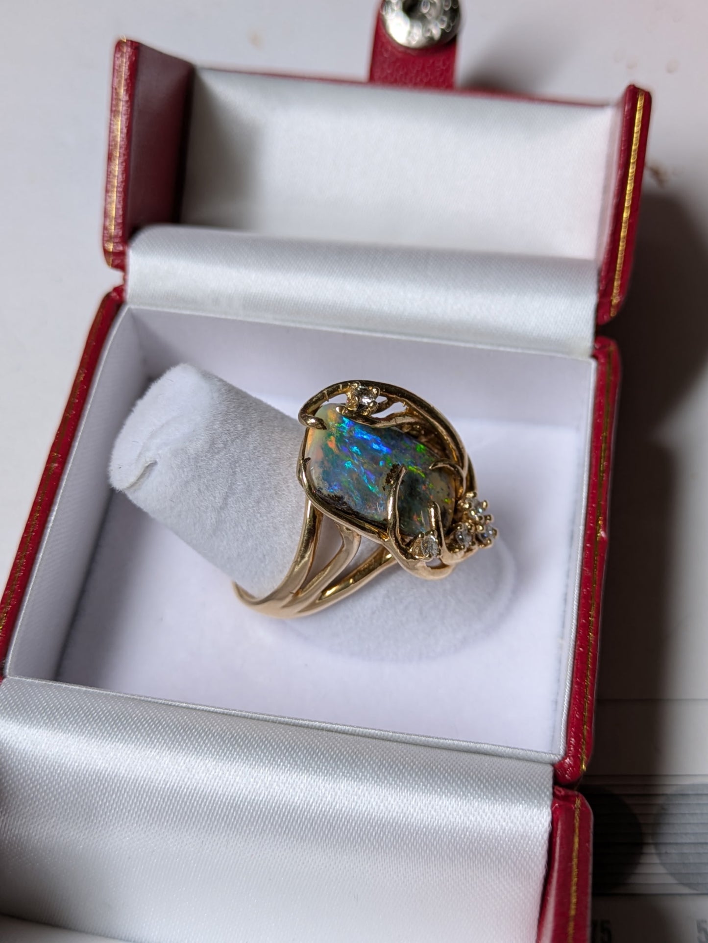 Natural Boulder Opal & Diamond 14k Yellow Gold Statement Ring (Size 7.25)