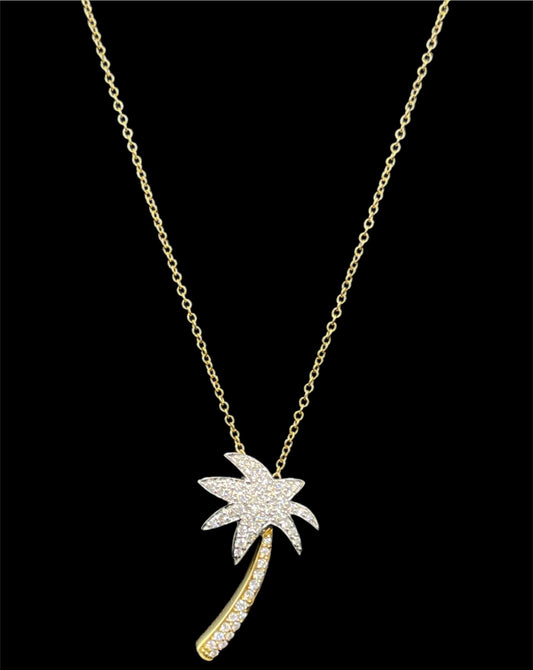 1 Carat Diamond Palm Tree 18k Yellow + White Gold Pendant & Necklace