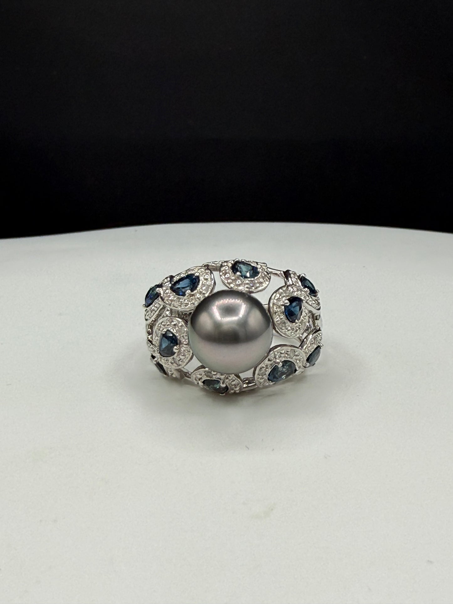 Vintage Tahitian Pearl & Blue Sapphire Ring 14K White Gold by Leer Tokyo | 2.20ct Pear Sapphires, 0.15ct Diamonds, Size 7.5