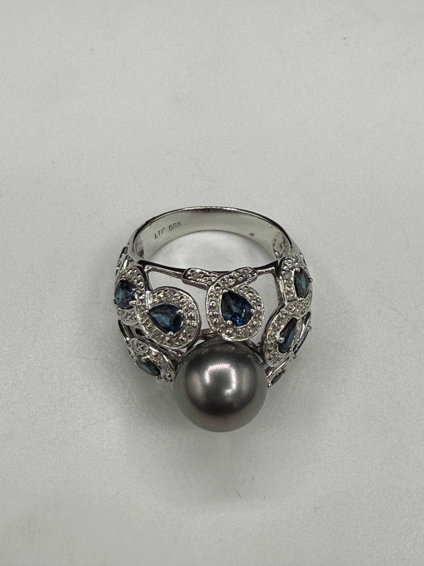 Vintage Tahitian Pearl & Blue Sapphire Ring 14K White Gold by Leer Tokyo | 2.20ct Pear Sapphires, 0.15ct Diamonds, Size 7.5