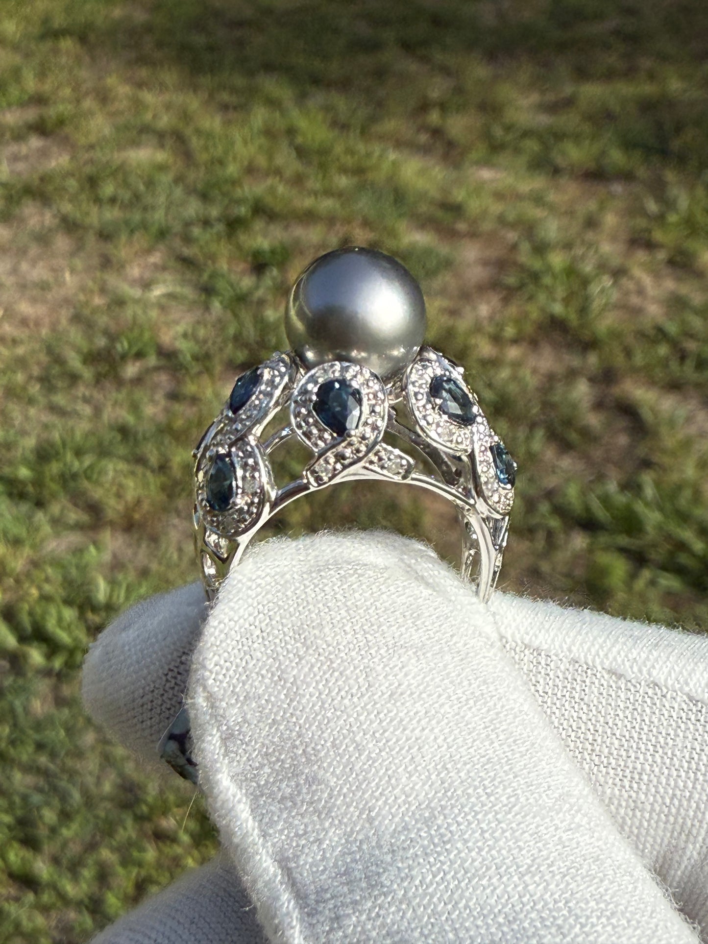 Vintage Tahitian Pearl & Blue Sapphire Ring 14K White Gold by Leer Tokyo | 2.20ct Pear Sapphires, 0.15ct Diamonds, Size 7.5