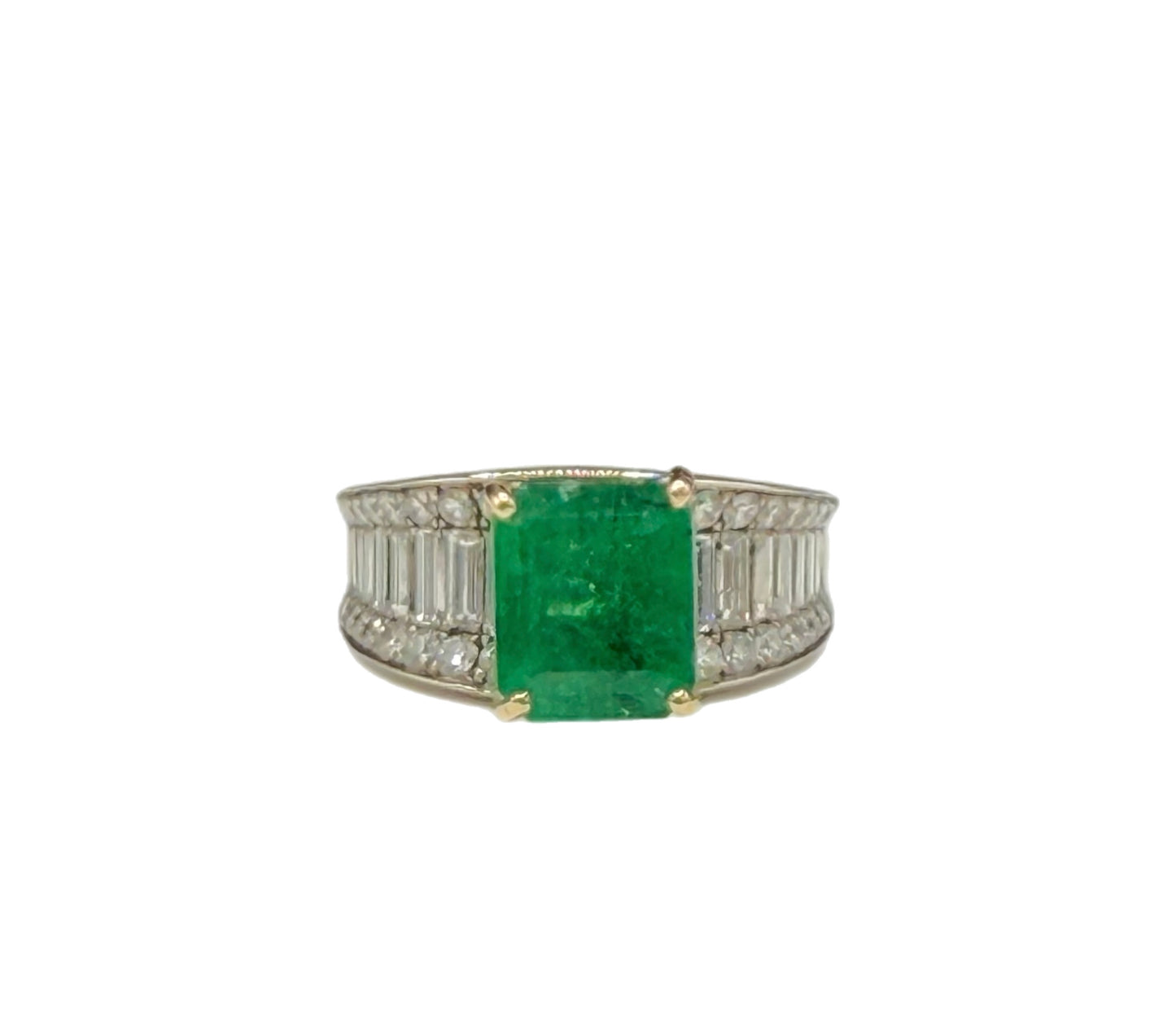 Luxurious Natural Zambian Emerald & Diamond 18K Yellow + White Gold Ring (Size 7.5)