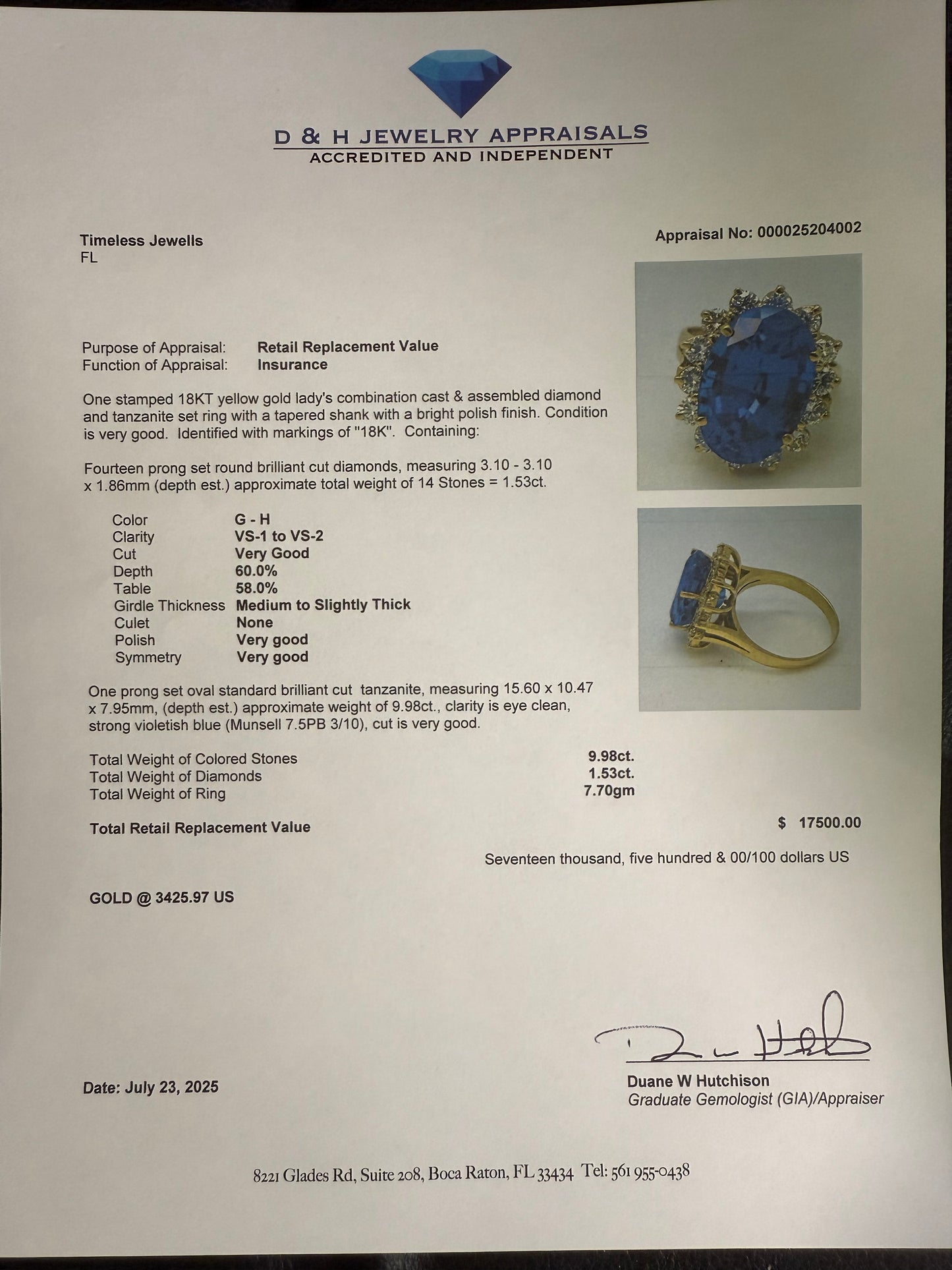 Natural AAA Tanzanite & Diamond 18k Yellow Gold Ring (Size 7)