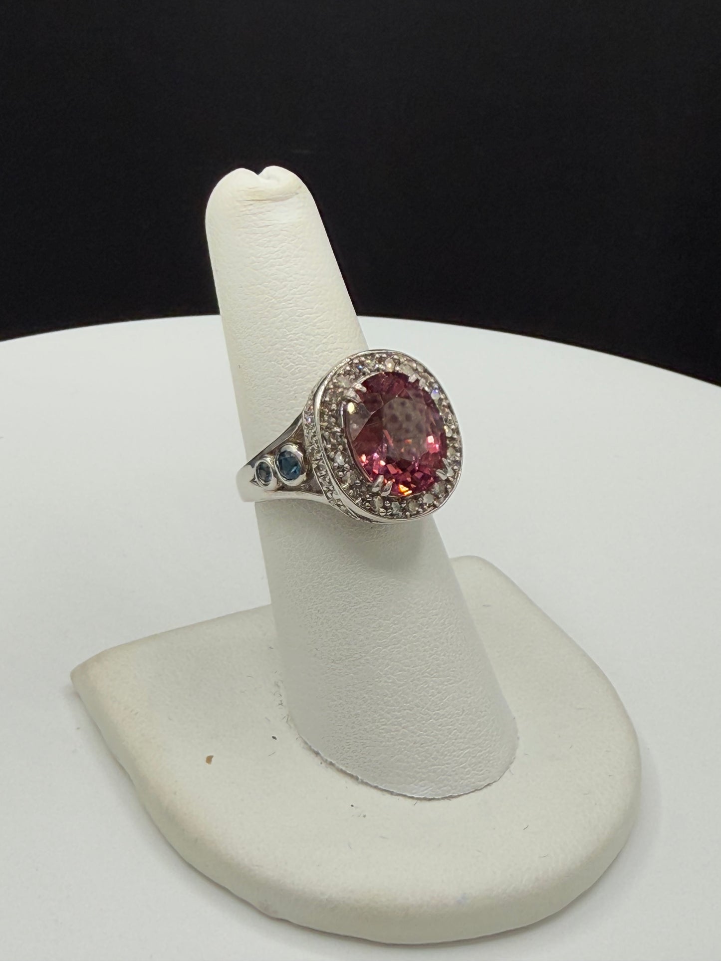 Natural Pink Tourmaline & Diamond 18k White Gold Cocktail Ring (Size 6.5)