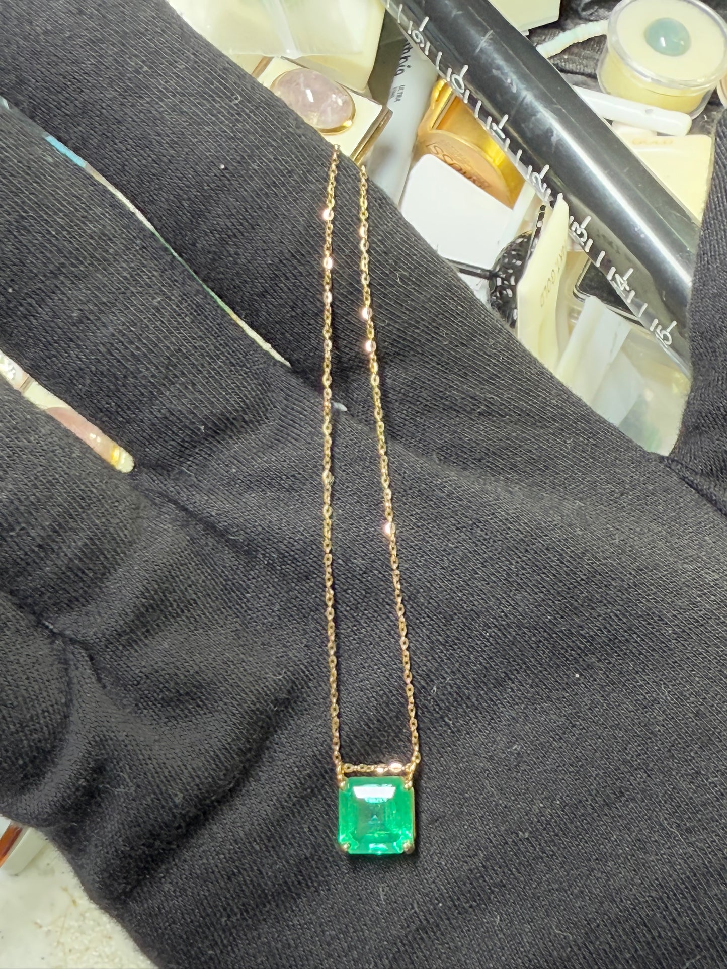 3.44 Carat Natural Emerald 14k Yellow Gold Necklace | Square Step Cut | 17.8” Length