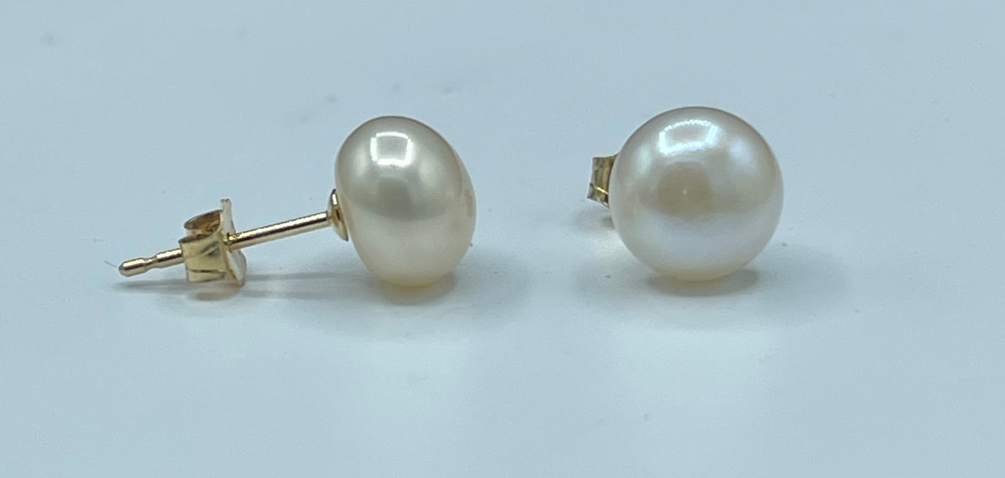 Natural Freshwater Pearl 14k Yellow Gold Stud Earrings | 7 MM Cultured Pearls | Handmade Quality | Solid 14k Gold Posts & Backings