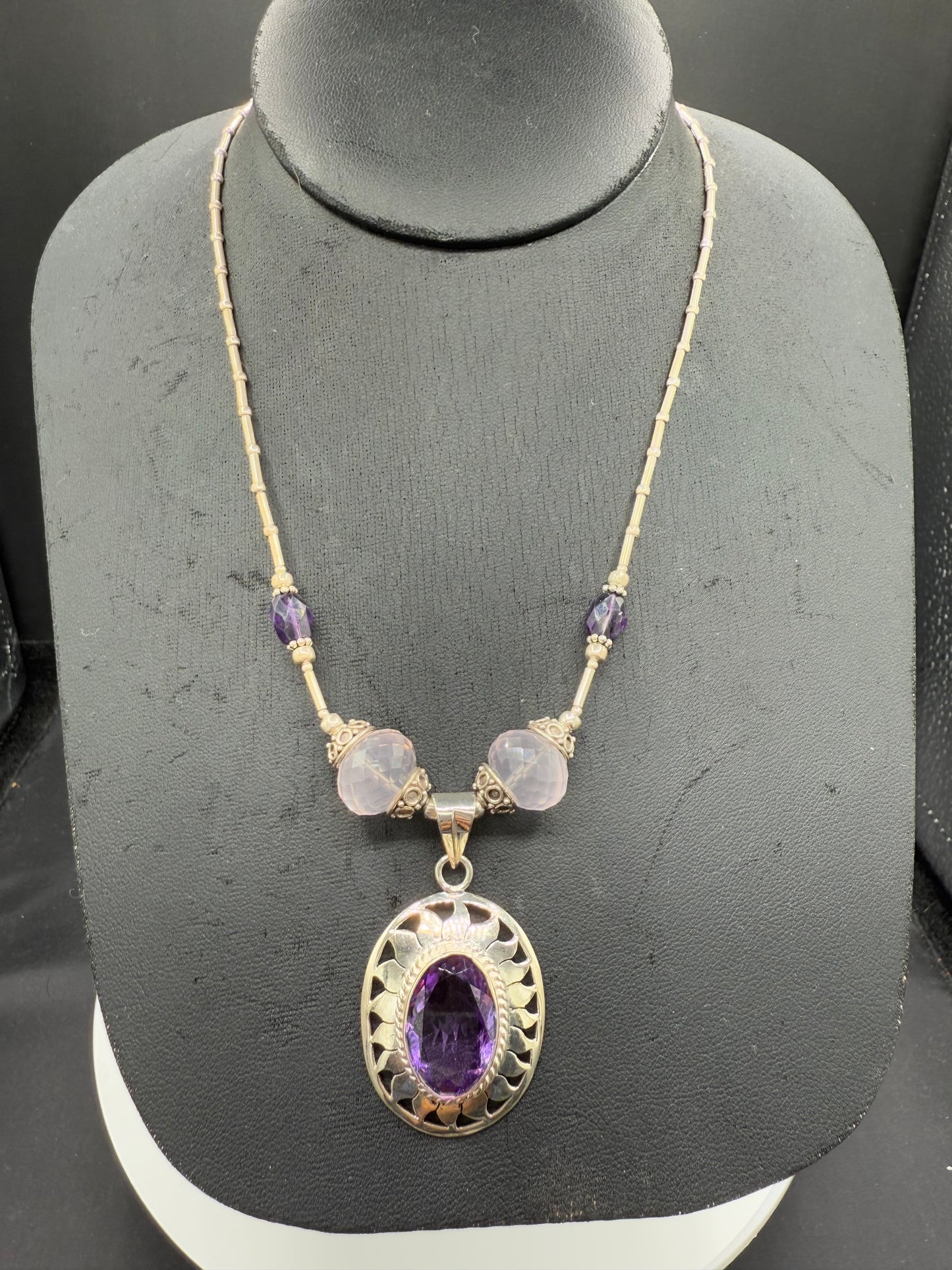 Handmade Natural Amethyst & Rose Quartz Sterling Silver Adjustable Necklace