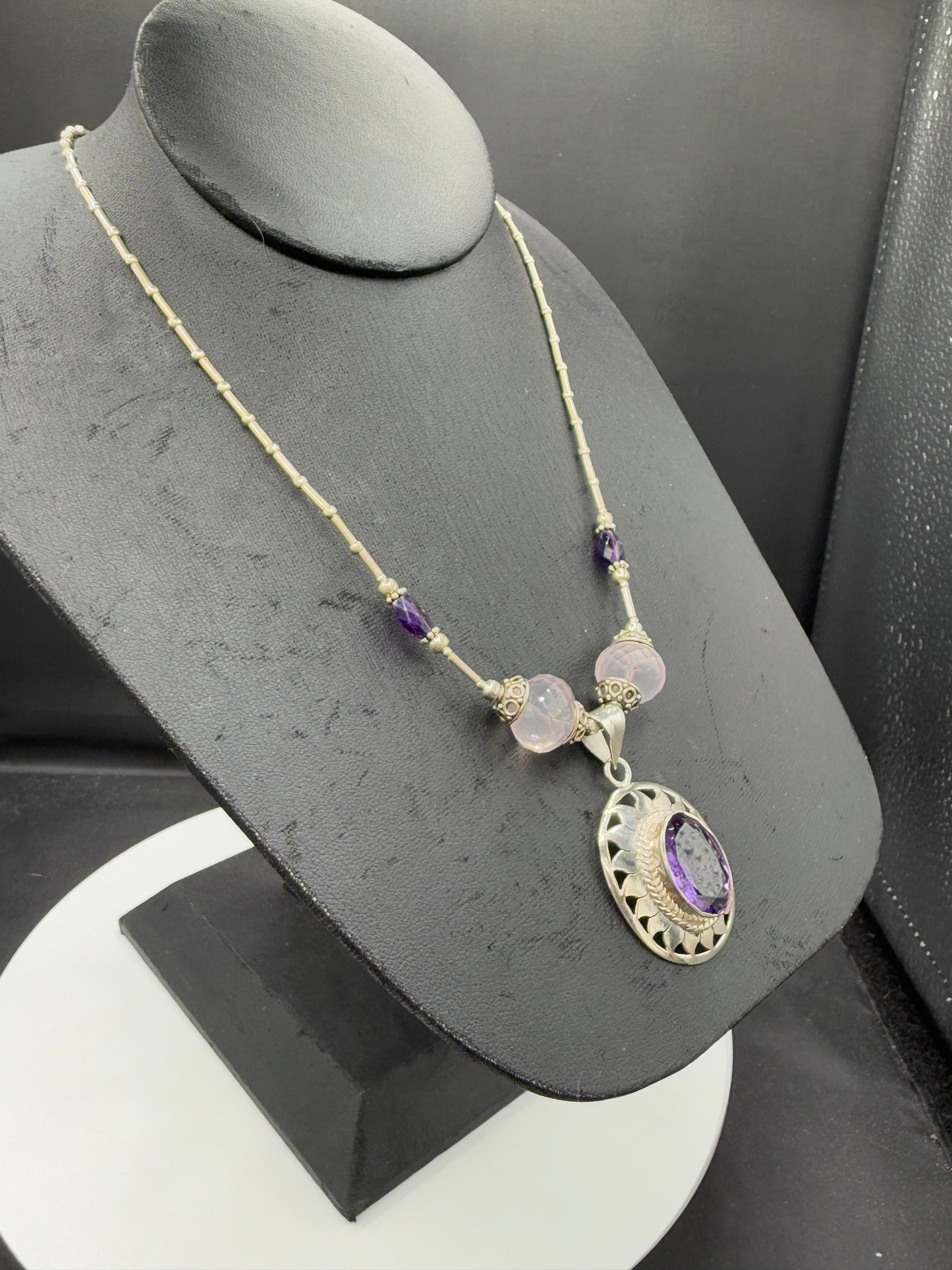 Handmade Natural Amethyst & Rose Quartz Sterling Silver Adjustable Necklace