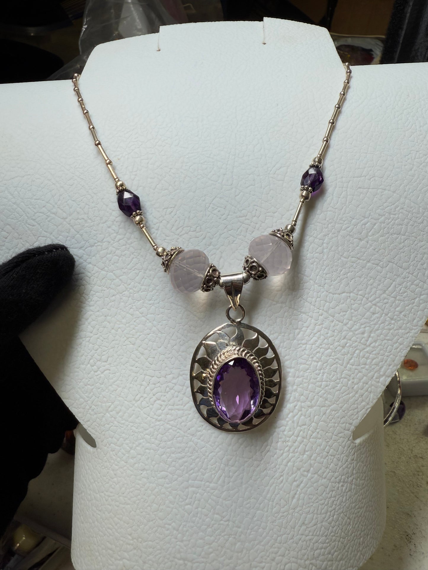Handmade Natural Amethyst & Rose Quartz Sterling Silver Adjustable Necklace