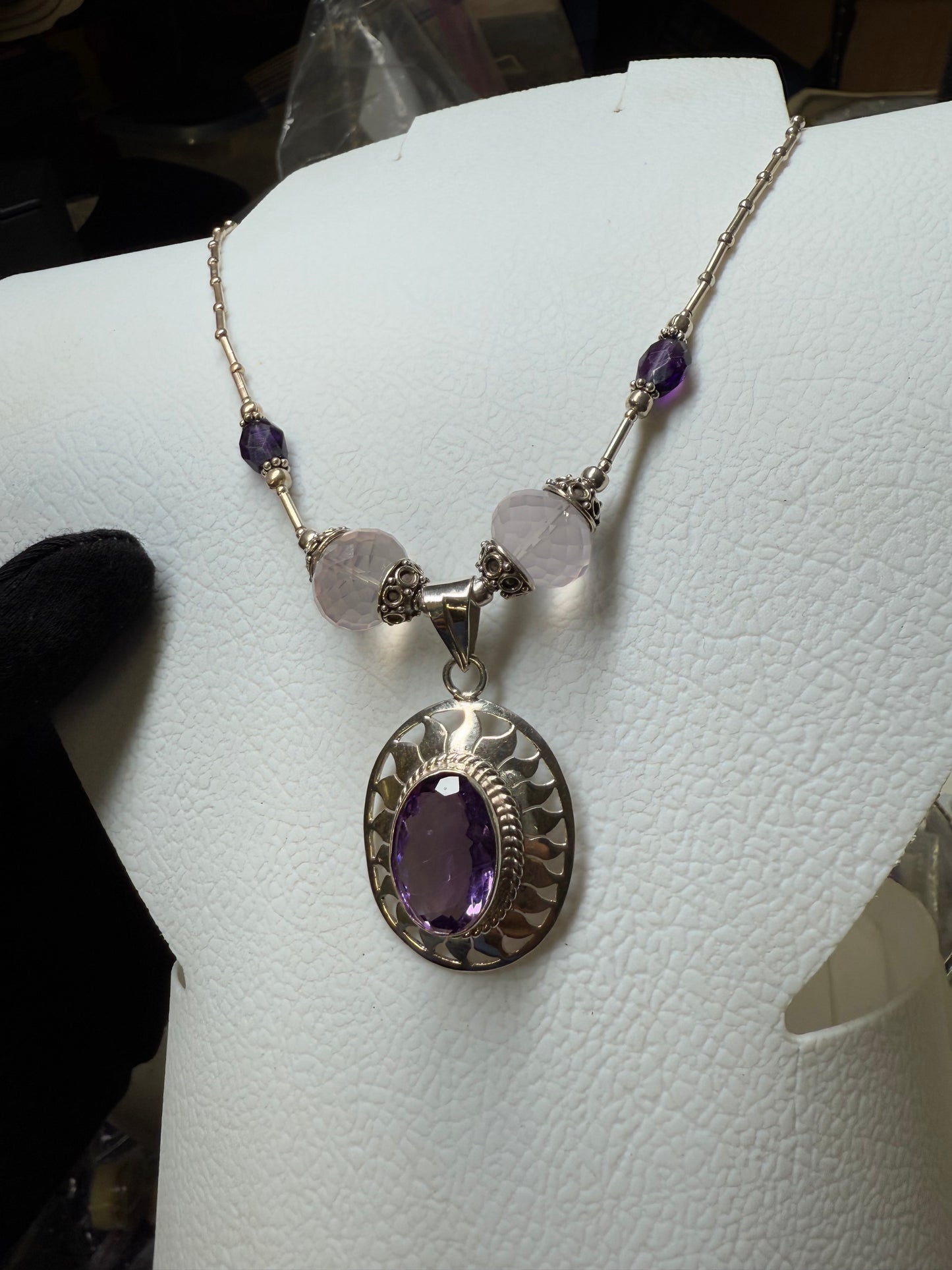 Handmade Natural Amethyst & Rose Quartz Sterling Silver Adjustable Necklace