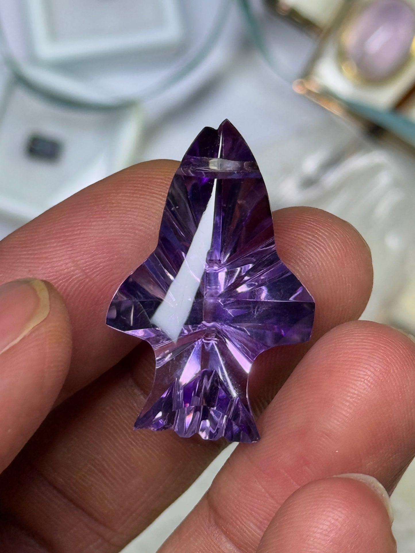 38.55 Carat Natural Amethyst Shark Cabochon, Custom Cut Internally Flawless Gemstone, 33.8x21.7x12.7 MM