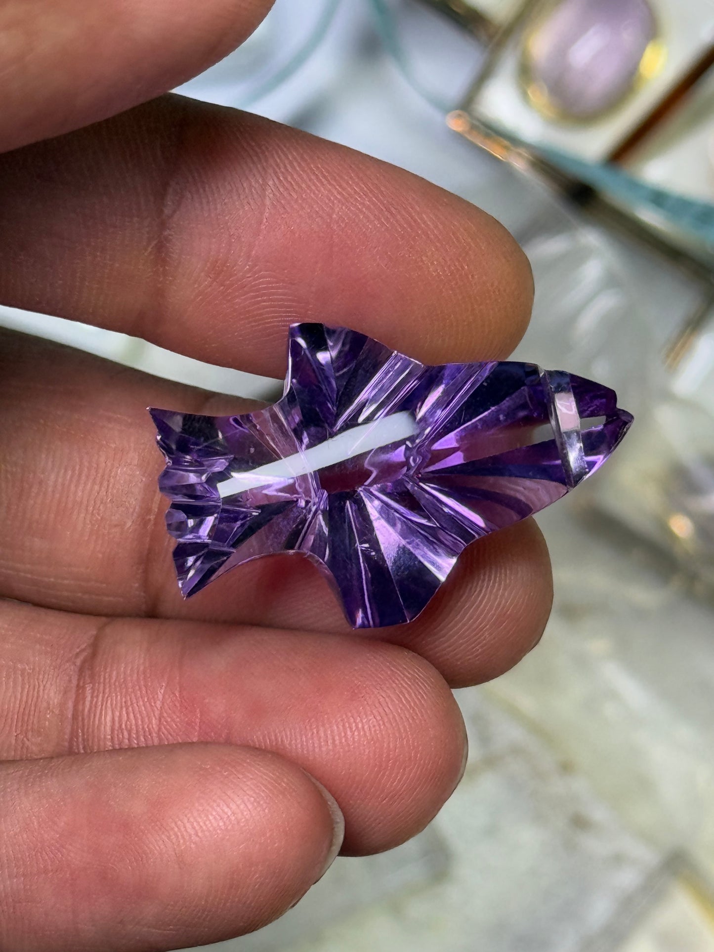 38.55 Carat Natural Amethyst Shark Cabochon, Custom Cut Internally Flawless Gemstone, 33.8x21.7x12.7 MM