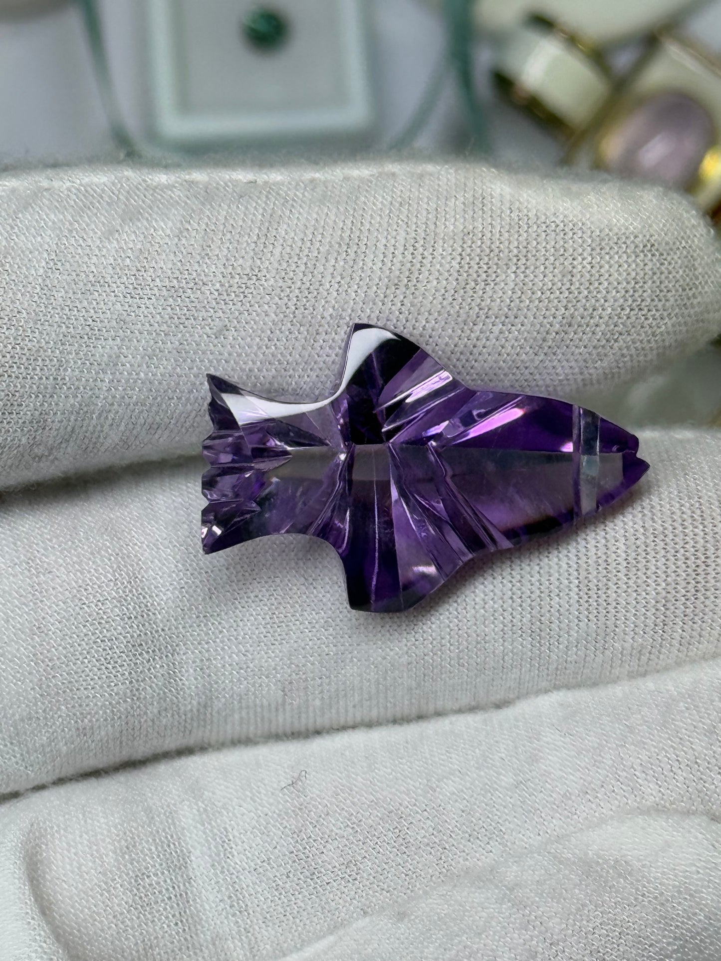 38.55 Carat Natural Amethyst Shark Cabochon, Custom Cut Internally Flawless Gemstone, 33.8x21.7x12.7 MM