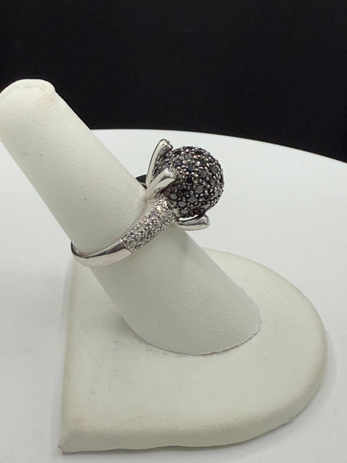 Natural Black & White Diamond Cocktail Ring, 14k White Gold, 1.61 Carats, Size 6.5