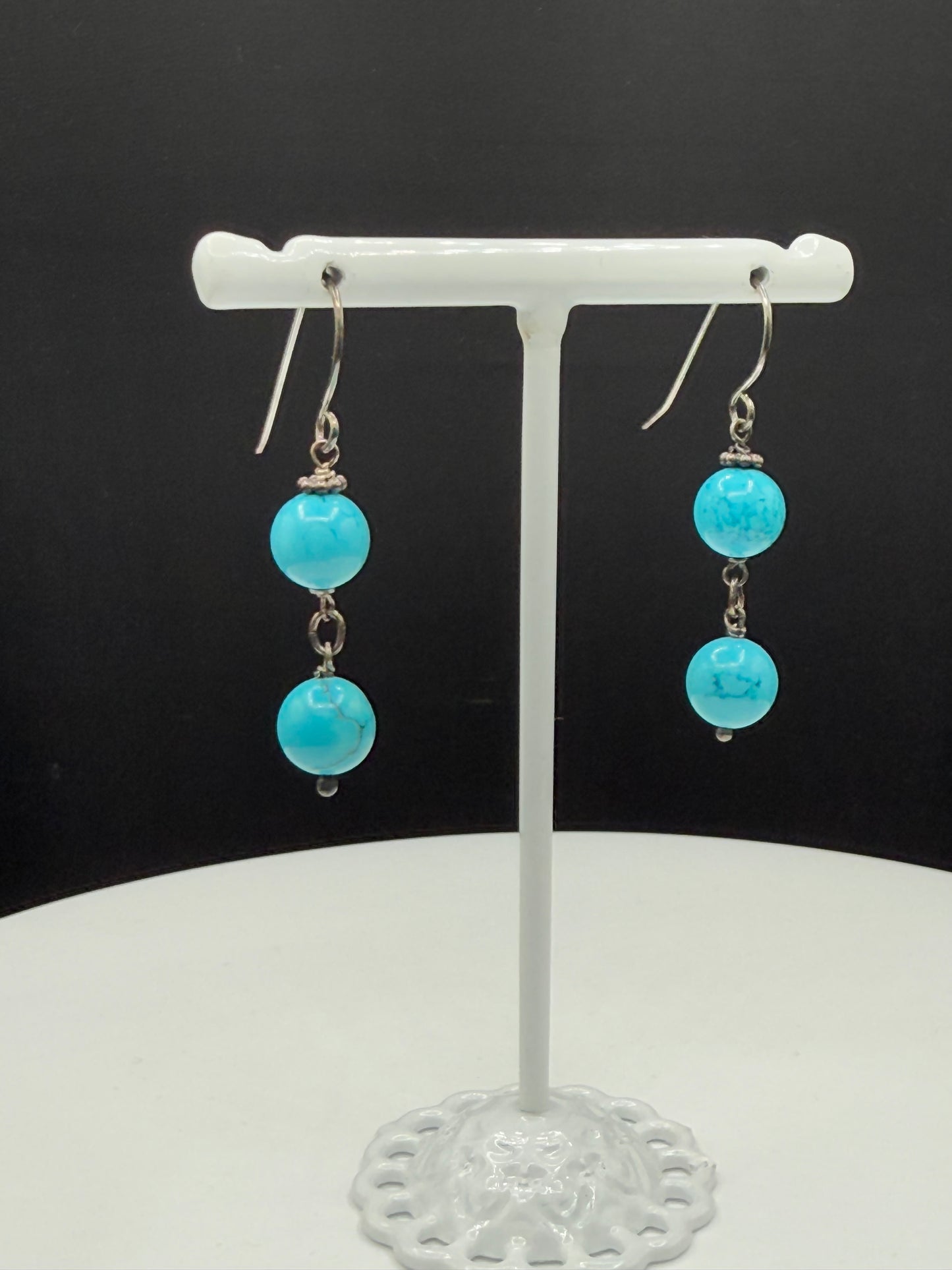 Handmade Natural Turquoise Bead Sterling Silver Dangle Earrings