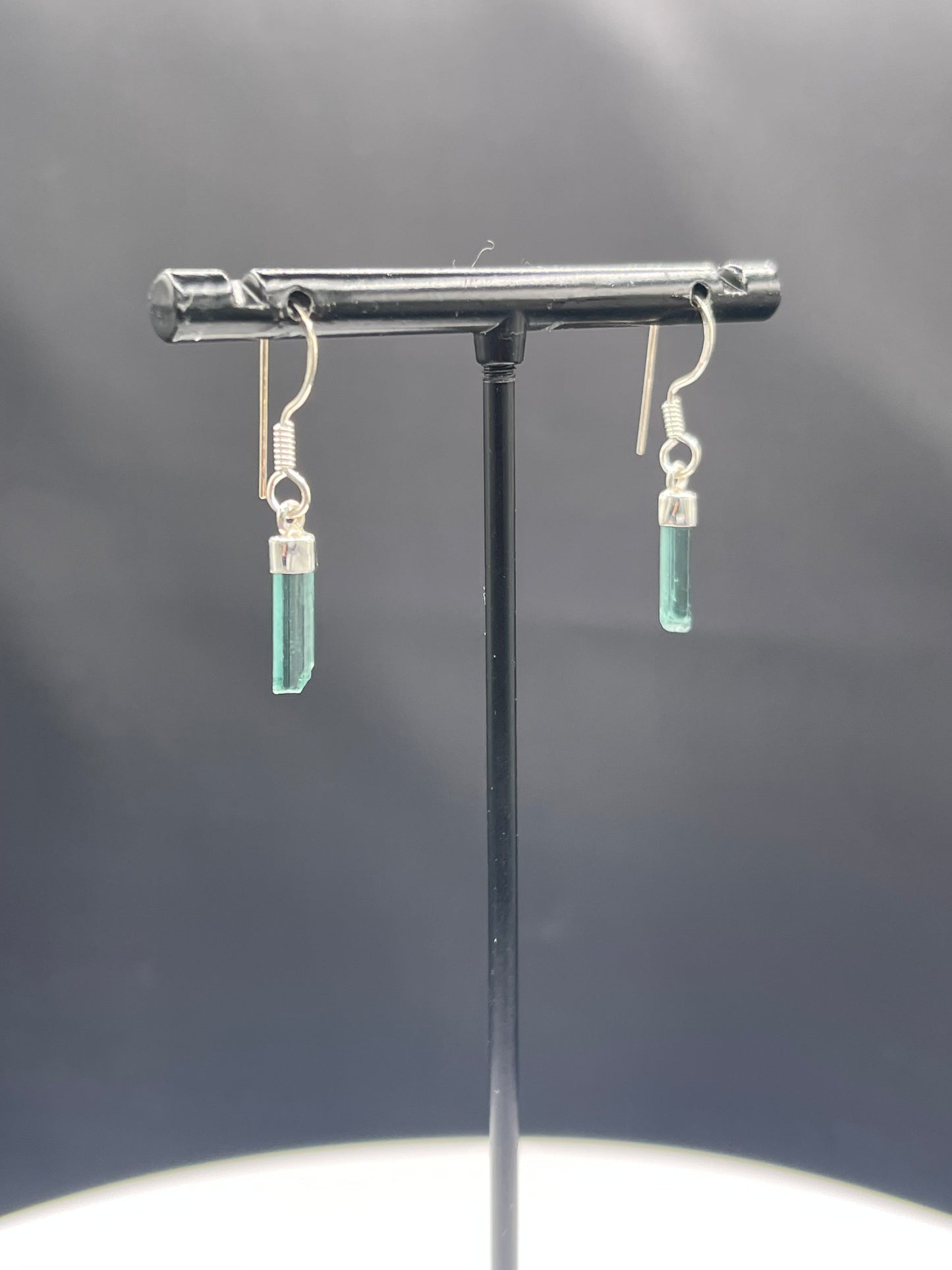 Handmade Green Tourmaline Crystal Sterling Silver Dangle Earrings, 1.16” Length, 925 Stamped