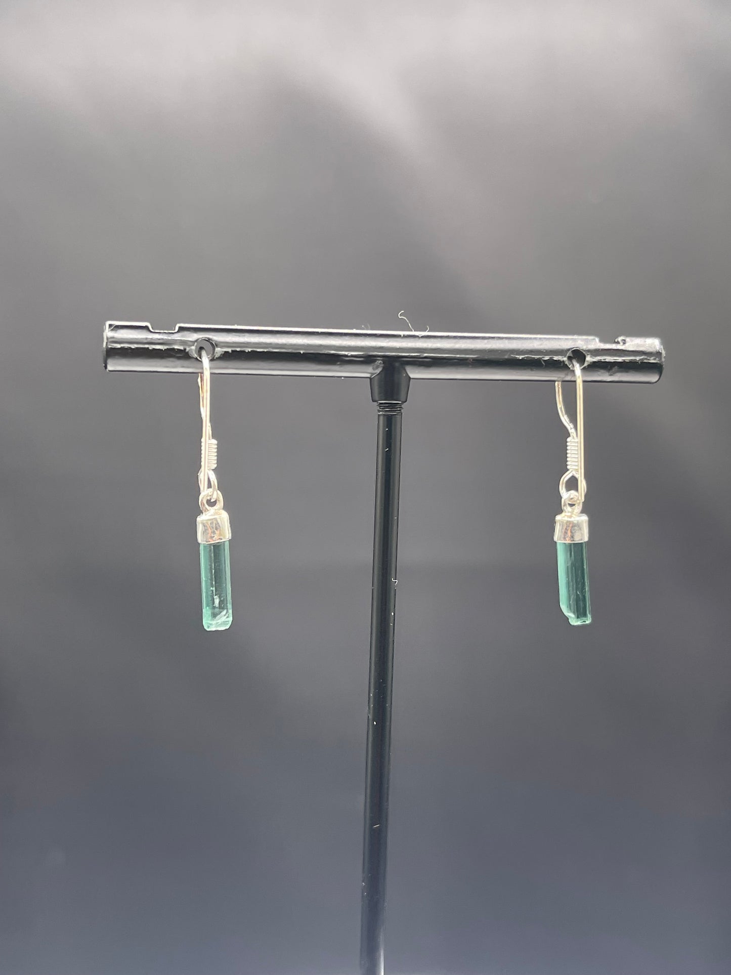 Handmade Green Tourmaline Crystal Sterling Silver Dangle Earrings, 1.16” Length, 925 Stamped