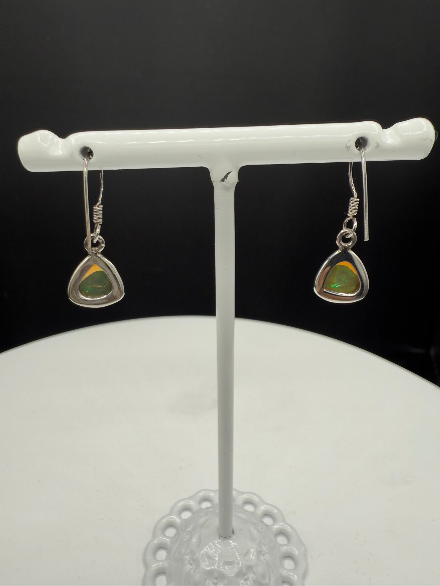 Natural Ethiopian Opal Trillion Cut Sterling Silver Dangle Earrings