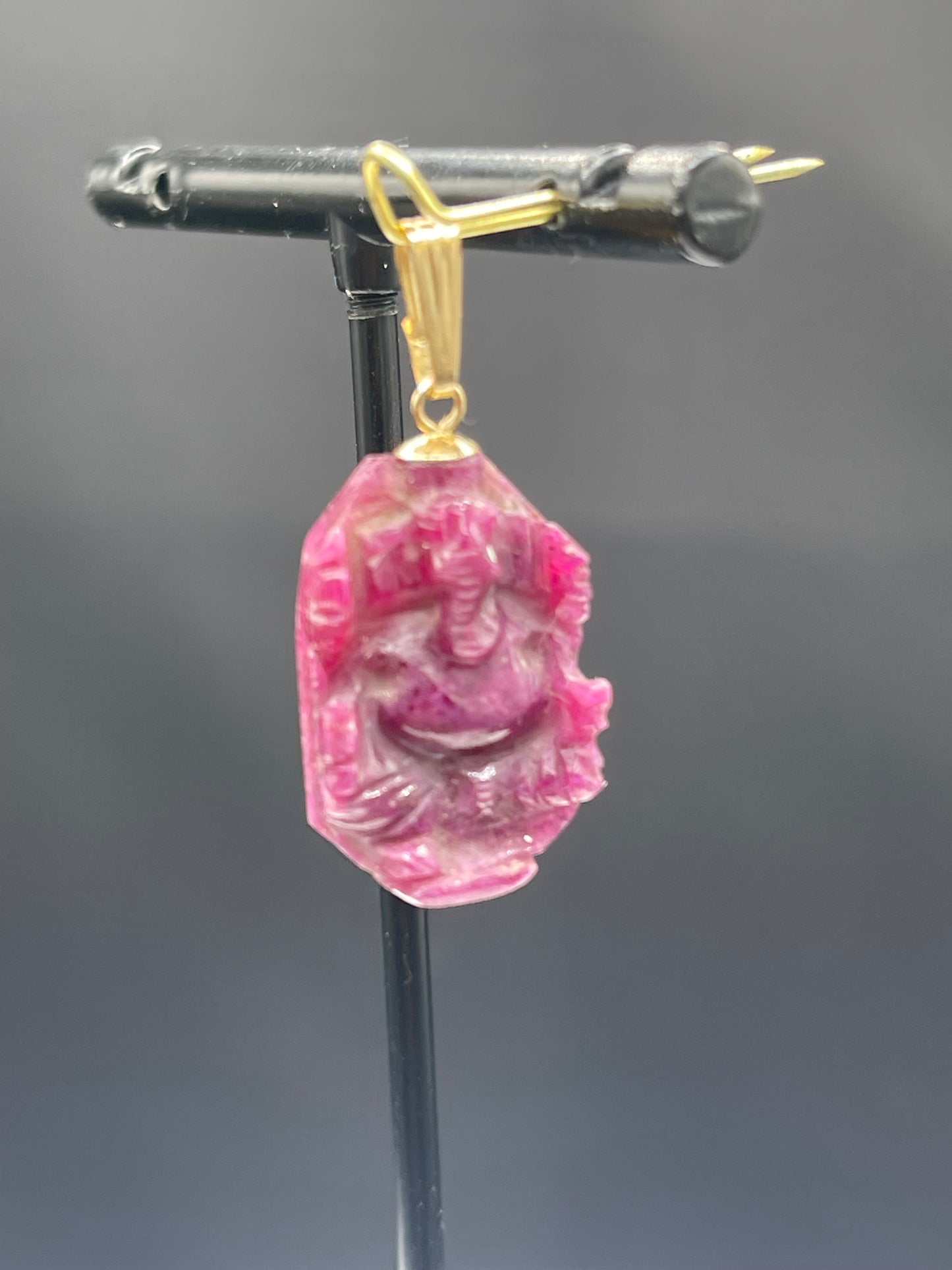 Natural 21 Carat Ruby Hand Carved Lord Ganesh Pendant with 14k Yellow Gold Bail