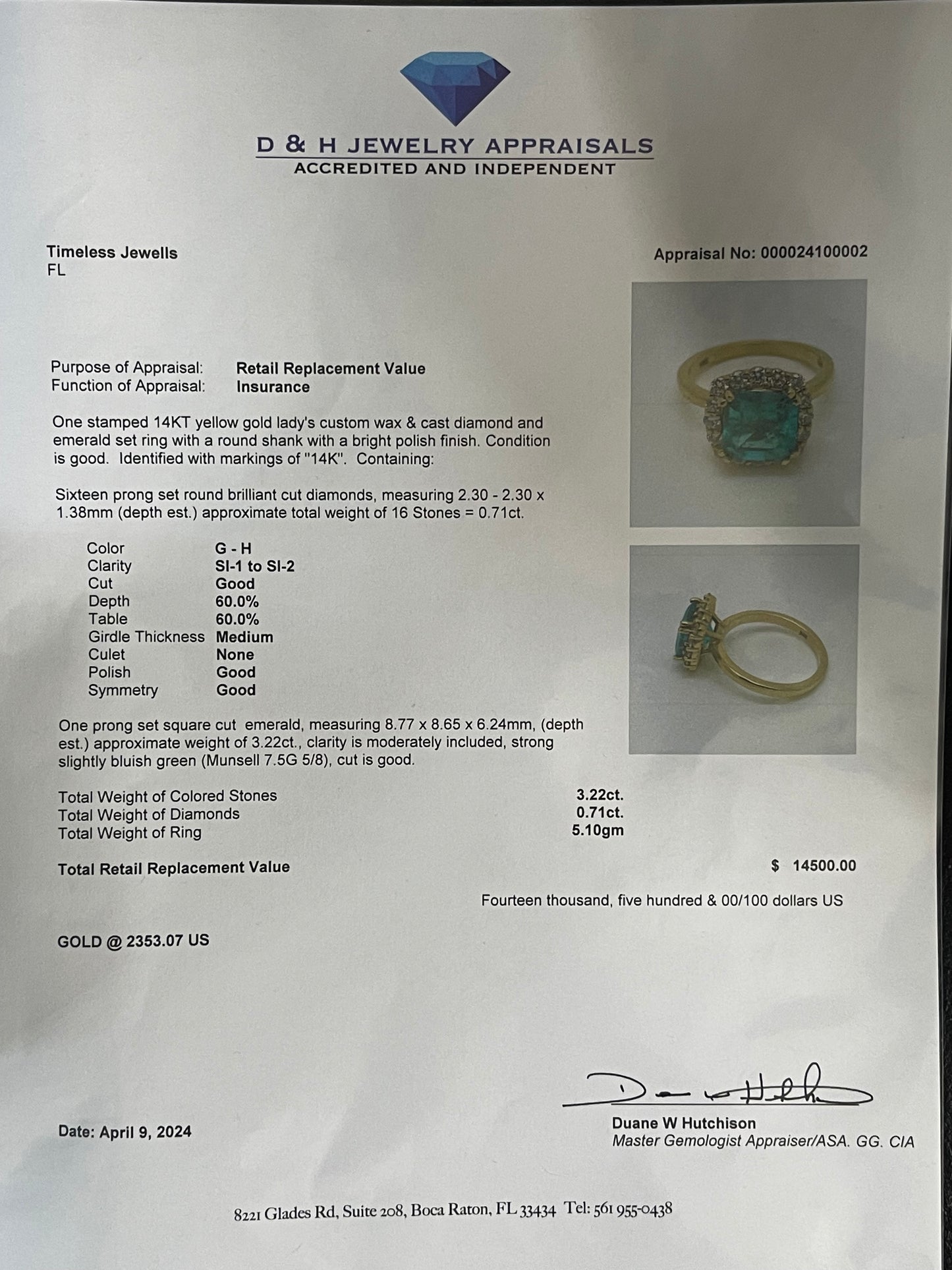 3.93 Carat Vivid Green Emerald & Diamond Halo 14k Gold Ring (Size 7.25)