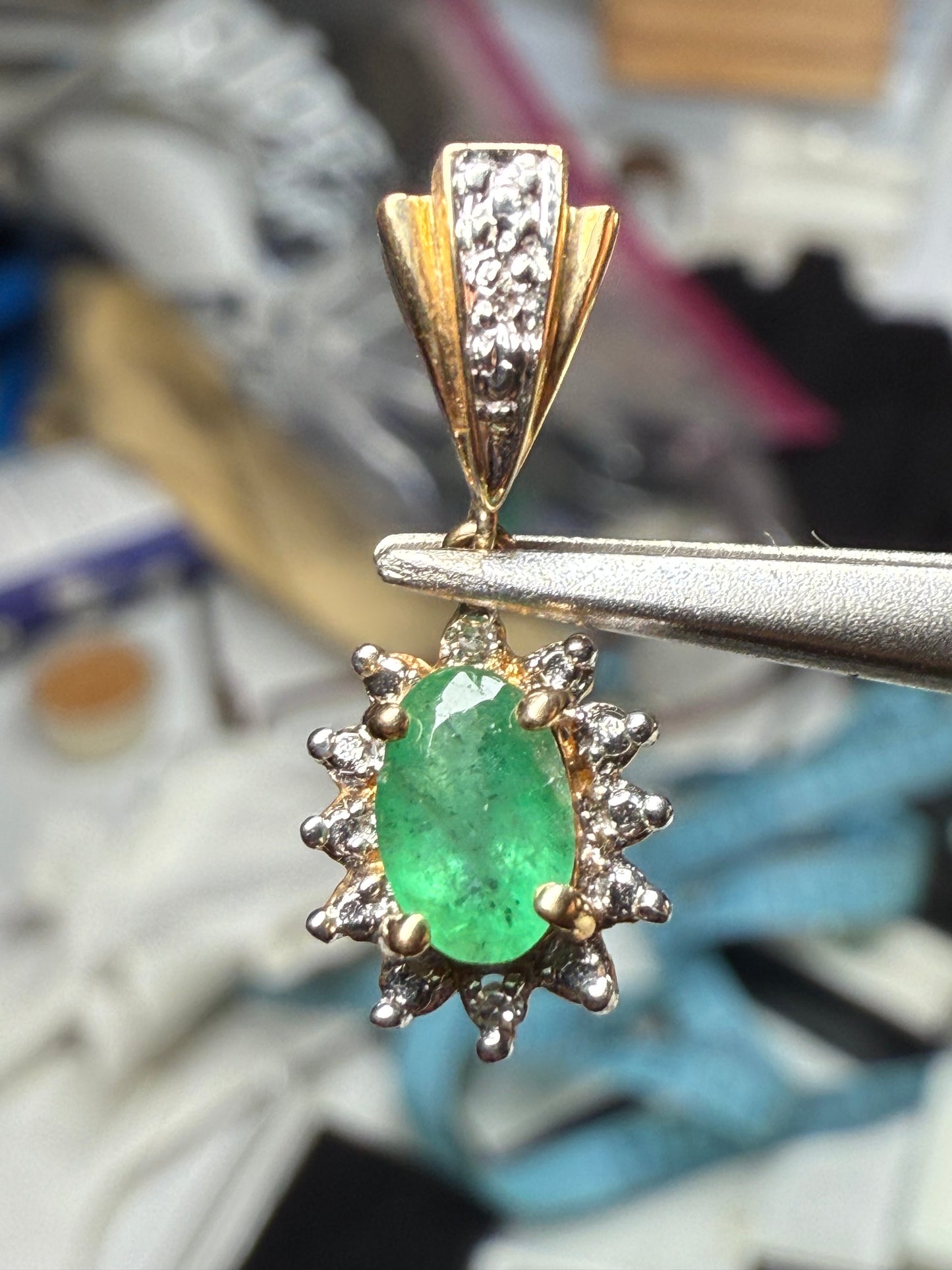 Natural Emerald & Diamond Halo 14k Yellow Gold Pendant | Handmade in Mexico