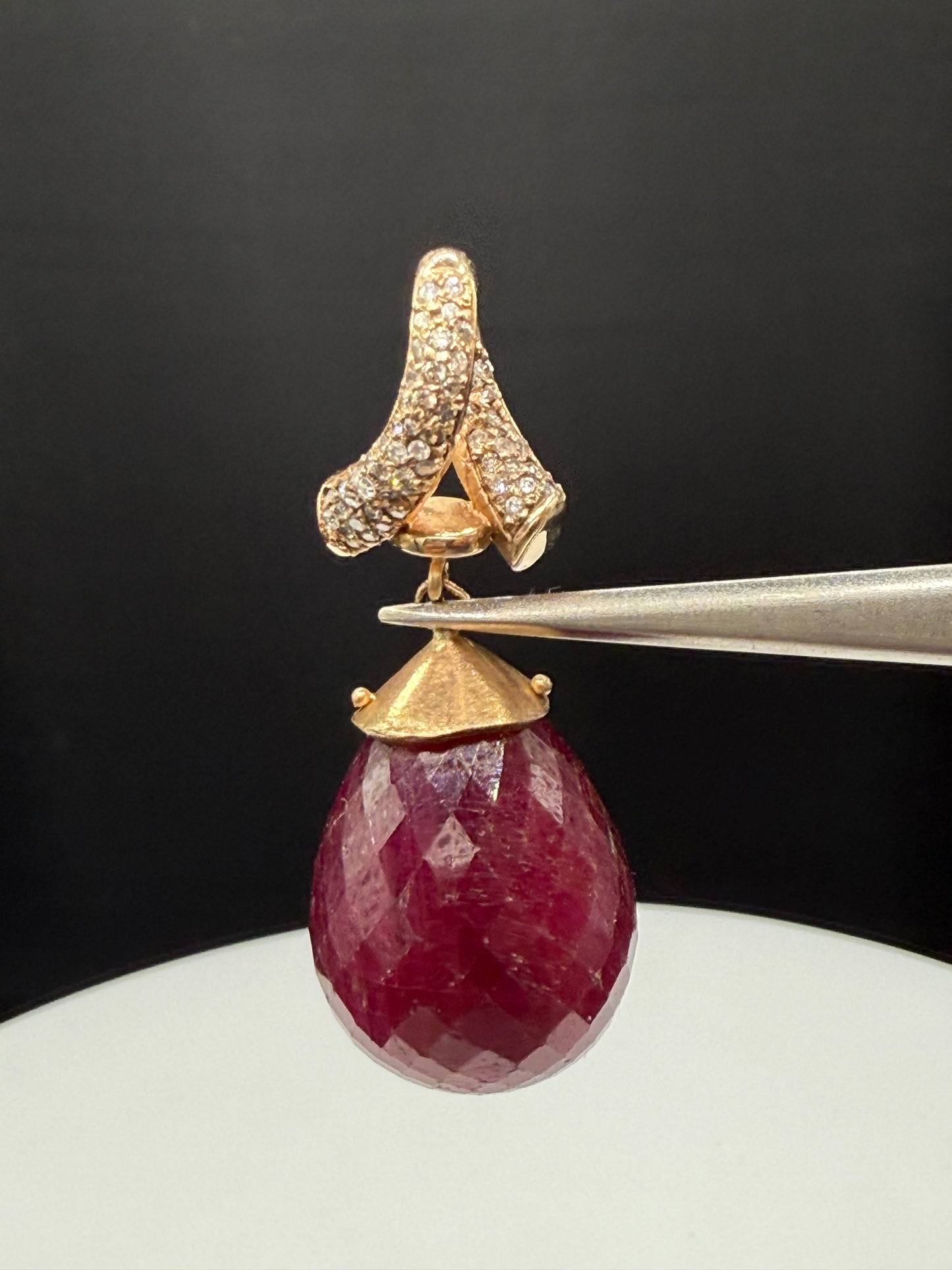 Natural 82 Carat Ruby Briolette & Diamond 14k Gold Pendant