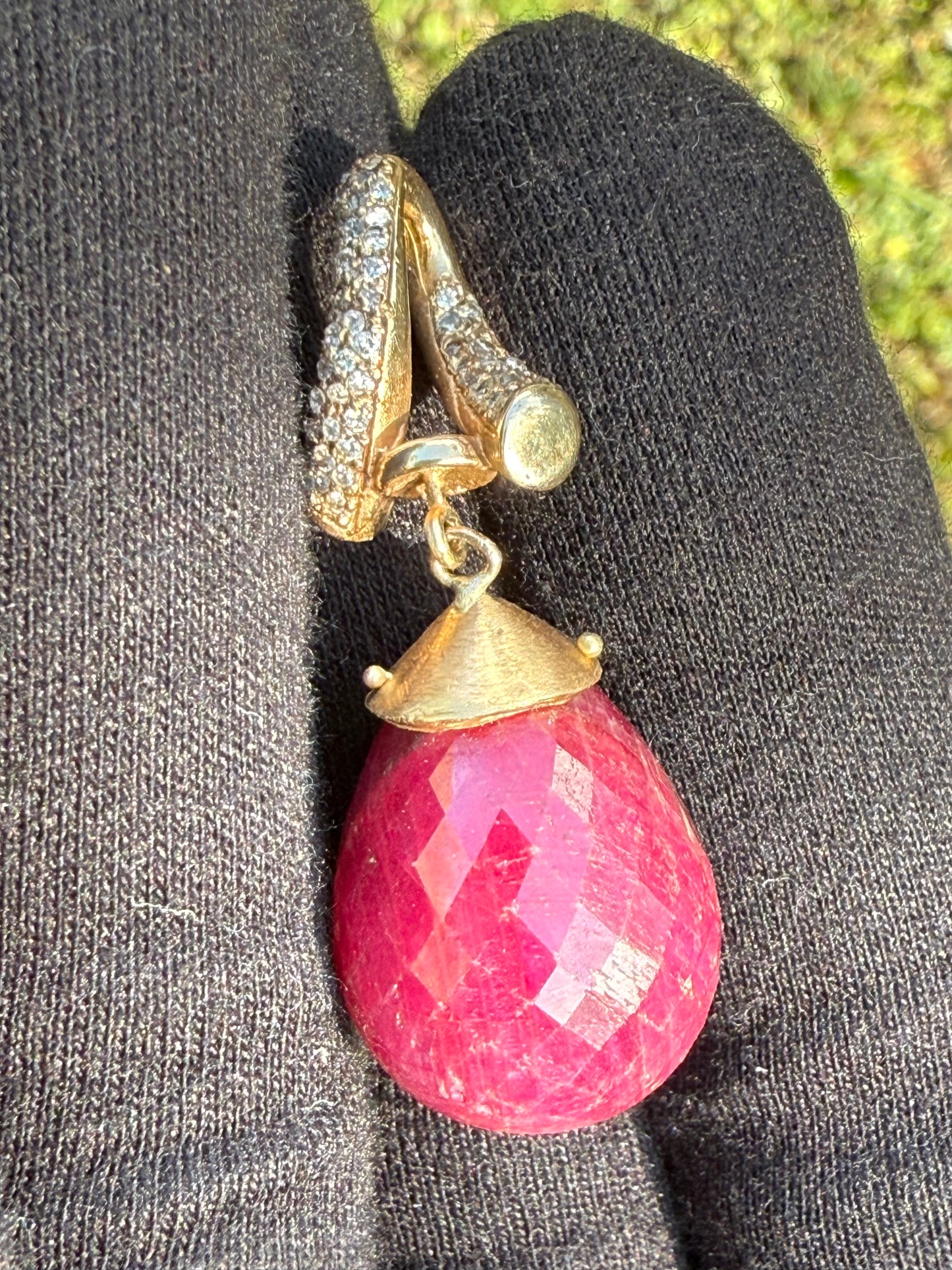 Natural 82 Carat Ruby Briolette & Diamond 14k Gold Pendant