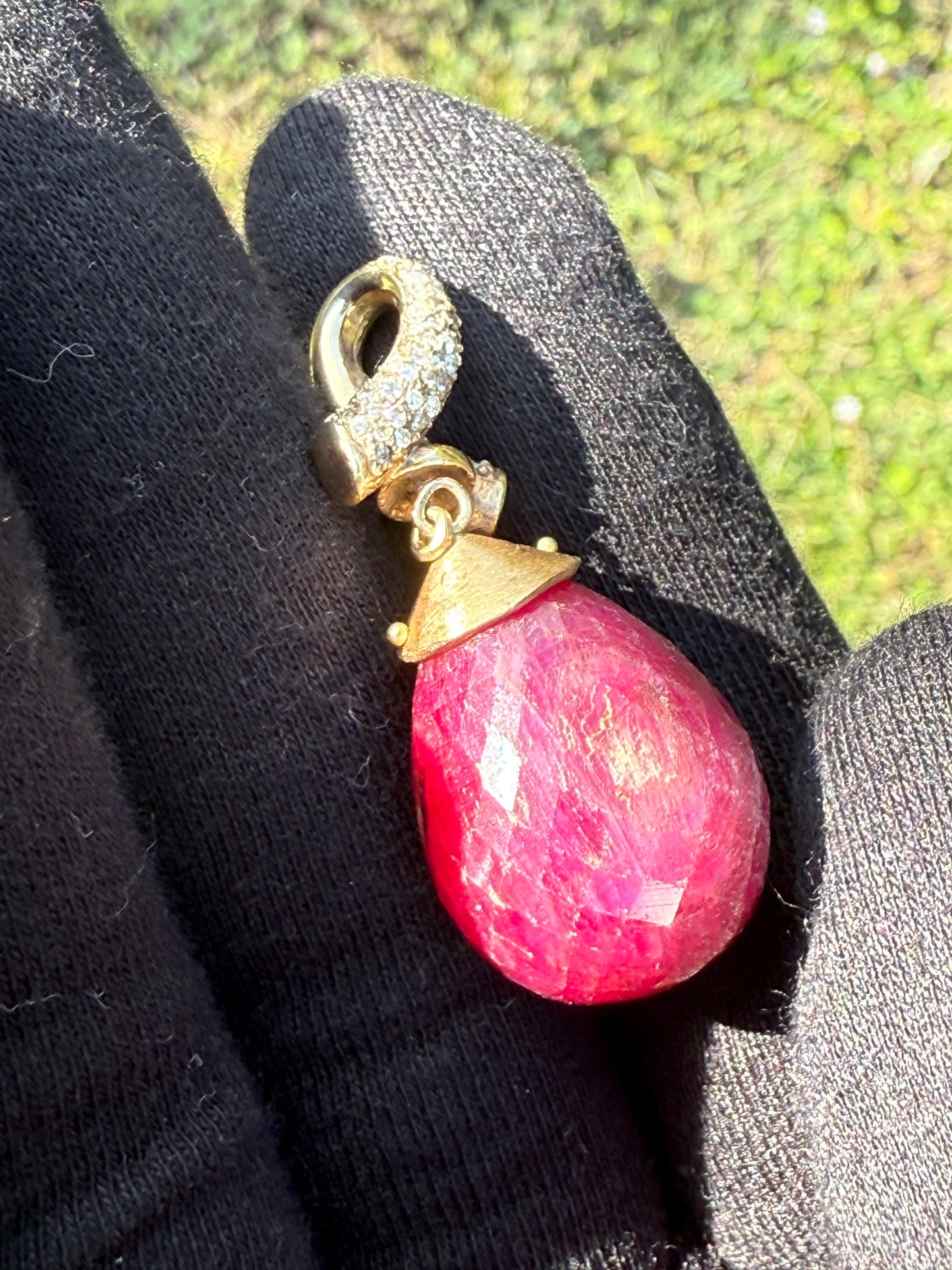 Natural 82 Carat Ruby Briolette & Diamond 14k Gold Pendant