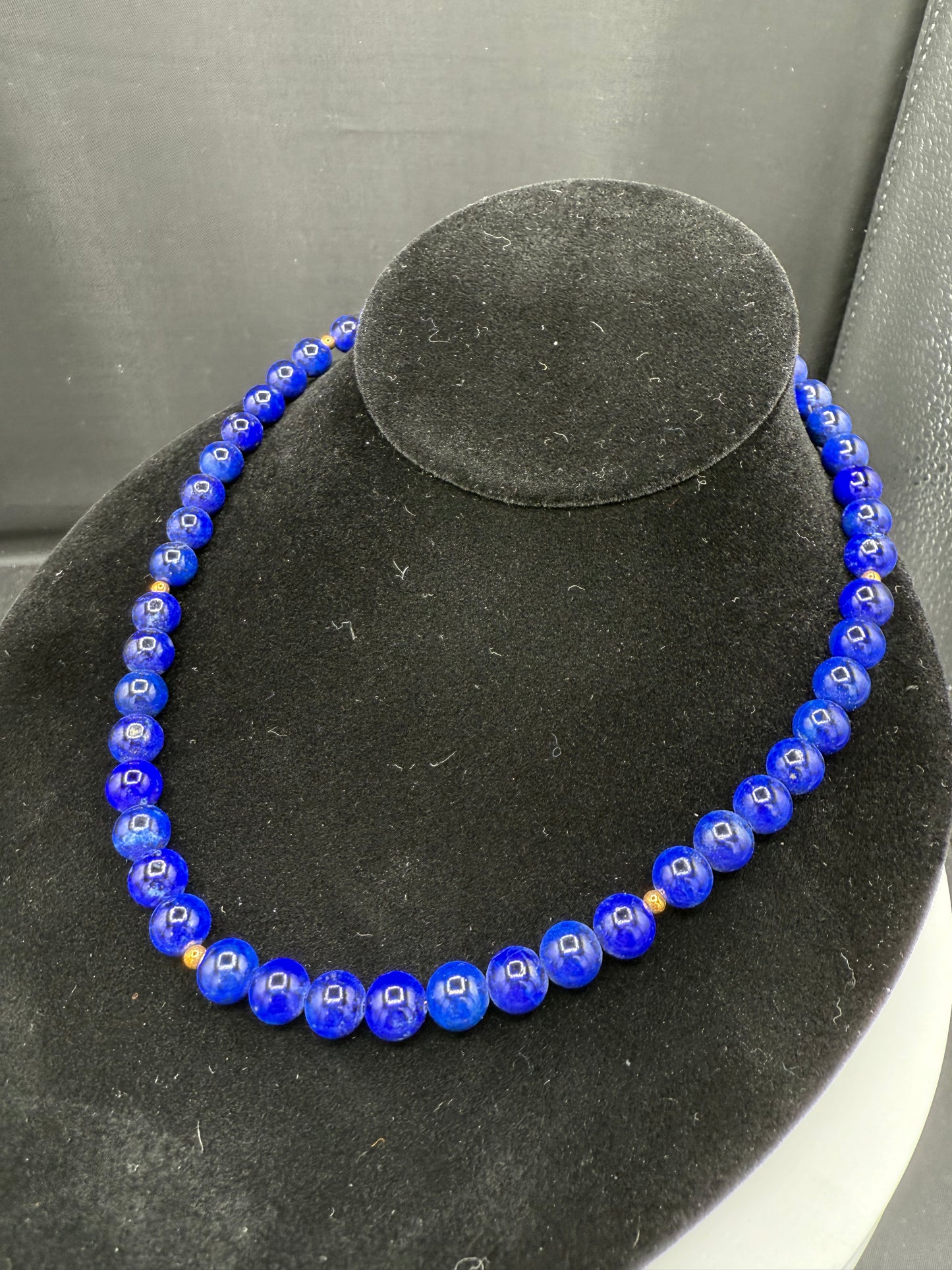 Natural Lapis Lazuli & 18K Yellow Gold Beaded Necklace – Handmade 17.25” Elegant Gemstone Jewelry