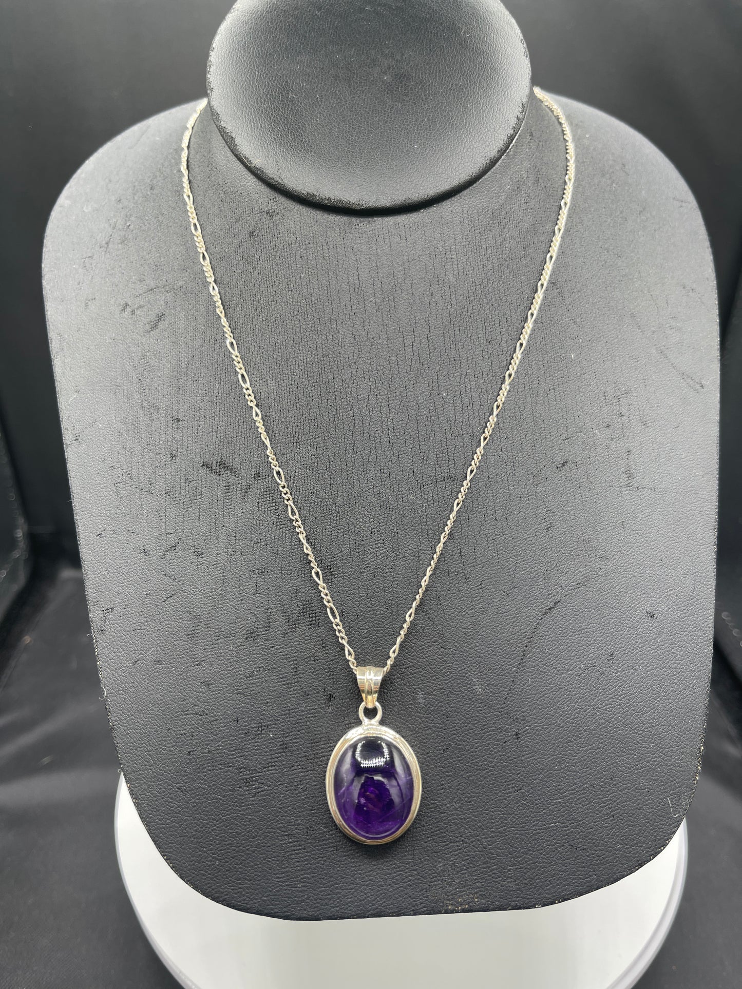 Natural Amethyst Sterling Silver Pendant Necklace - 1.36” Oval Pendant, 18” Figaro Chain