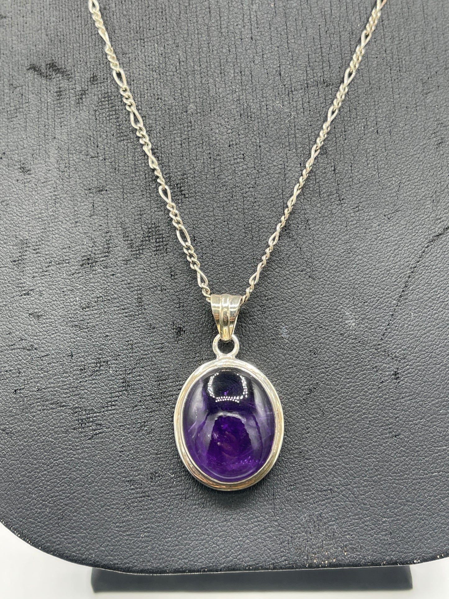 Natural Amethyst Sterling Silver Pendant Necklace - 1.36” Oval Pendant, 18” Figaro Chain