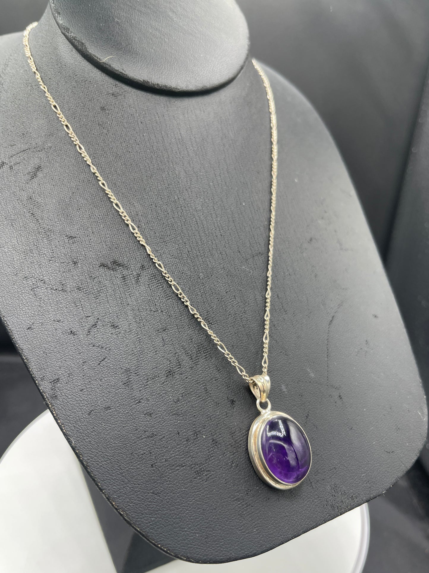 Natural Amethyst Sterling Silver Pendant Necklace - 1.36” Oval Pendant, 18” Figaro Chain
