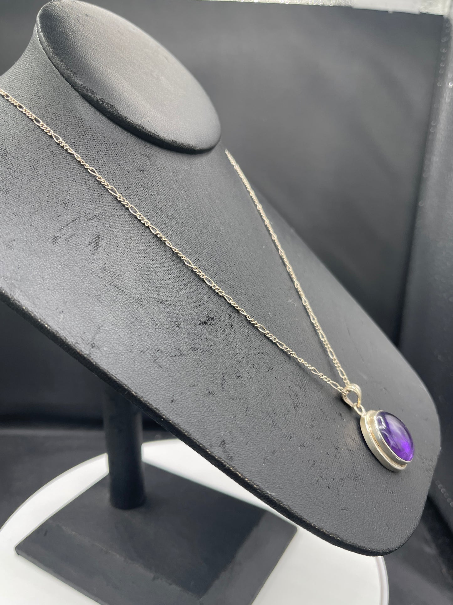 Natural Amethyst Sterling Silver Pendant Necklace - 1.36” Oval Pendant, 18” Figaro Chain