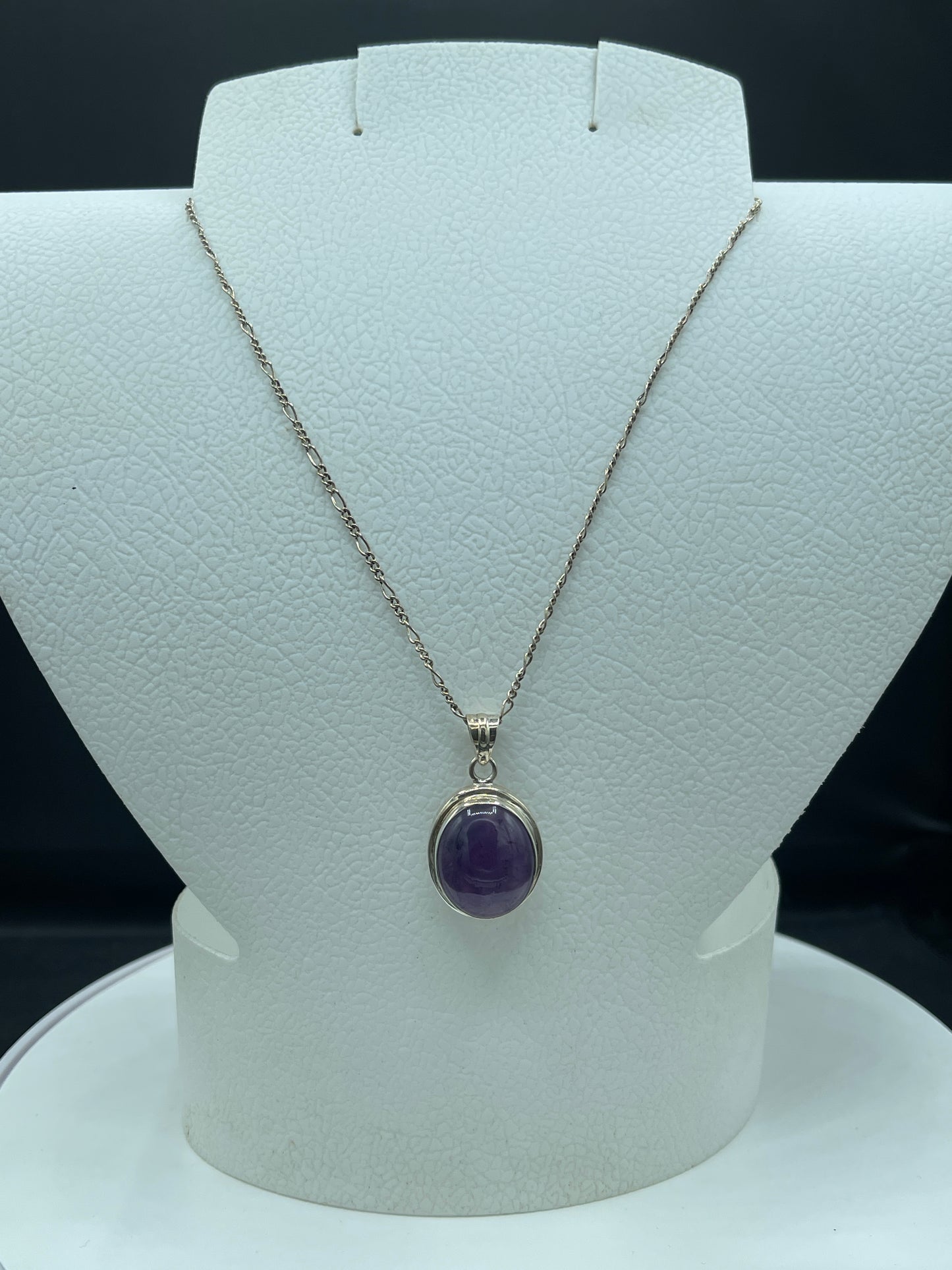 Natural Amethyst Sterling Silver Pendant Necklace - 1.36” Oval Pendant, 18” Figaro Chain