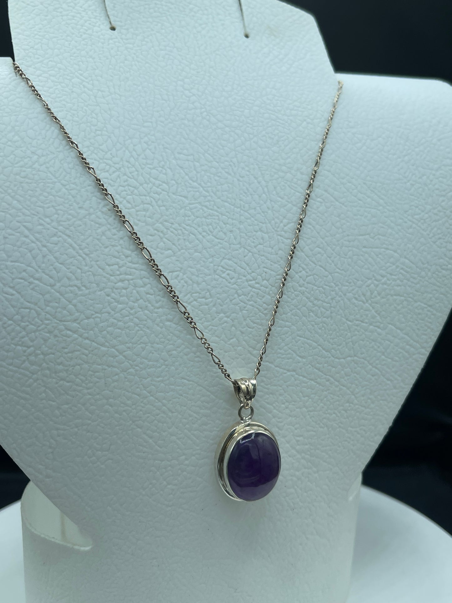 Natural Amethyst Sterling Silver Pendant Necklace - 1.36” Oval Pendant, 18” Figaro Chain