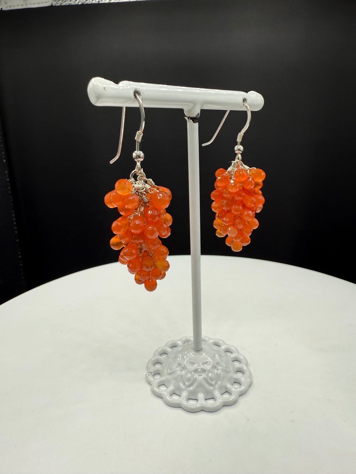 Natural Carnelian Briolette Sterling Silver Grape Cluster Dangle Earrings