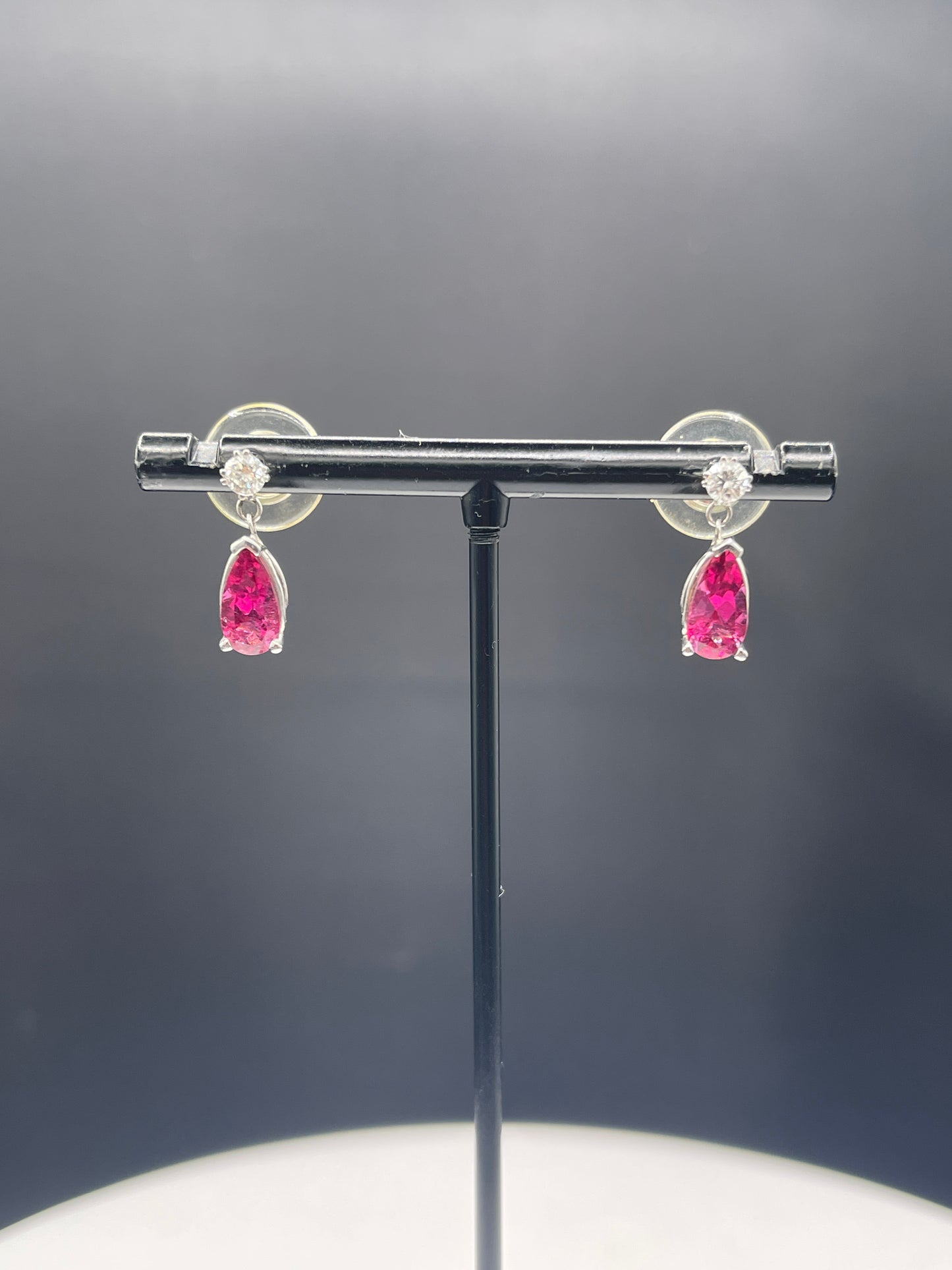 Natural Rubellite Tourmaline & Diamond 14k White Gold Dangle Earrings