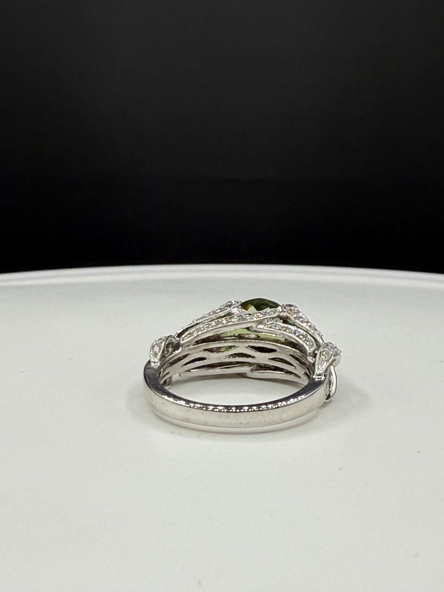 Natural Green Tourmaline Portuguese Cut & Diamond Ring in 18k White Gold (Size 6.75)