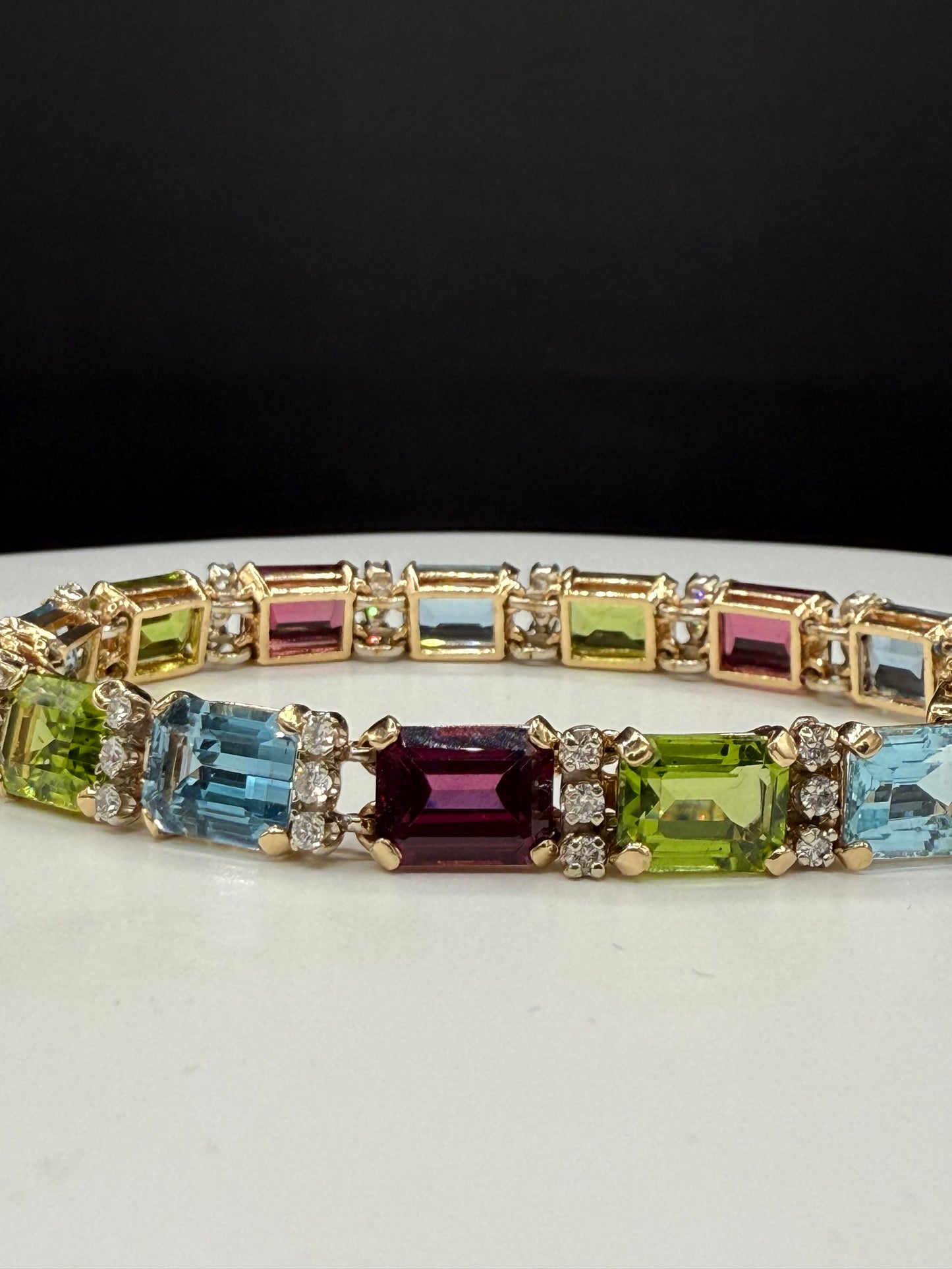 14K Gold Tourmaline Peridot Aquamarine Multi-Gemstone & Diamond Bracelet – 39.15ct