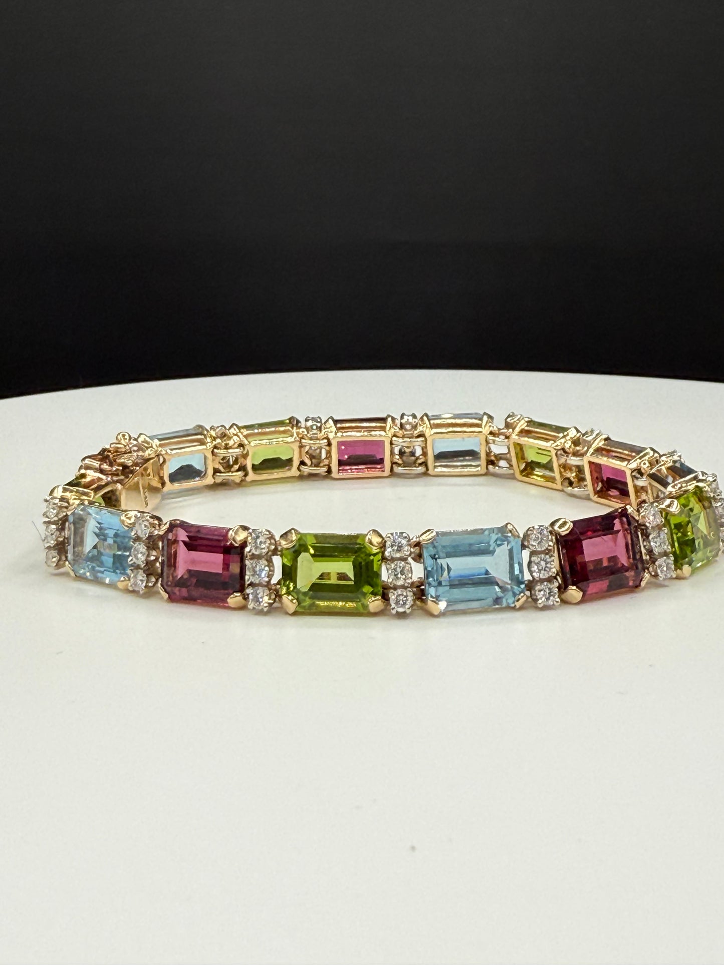 14K Gold Tourmaline Peridot Aquamarine Multi-Gemstone & Diamond Bracelet – 39.15ct