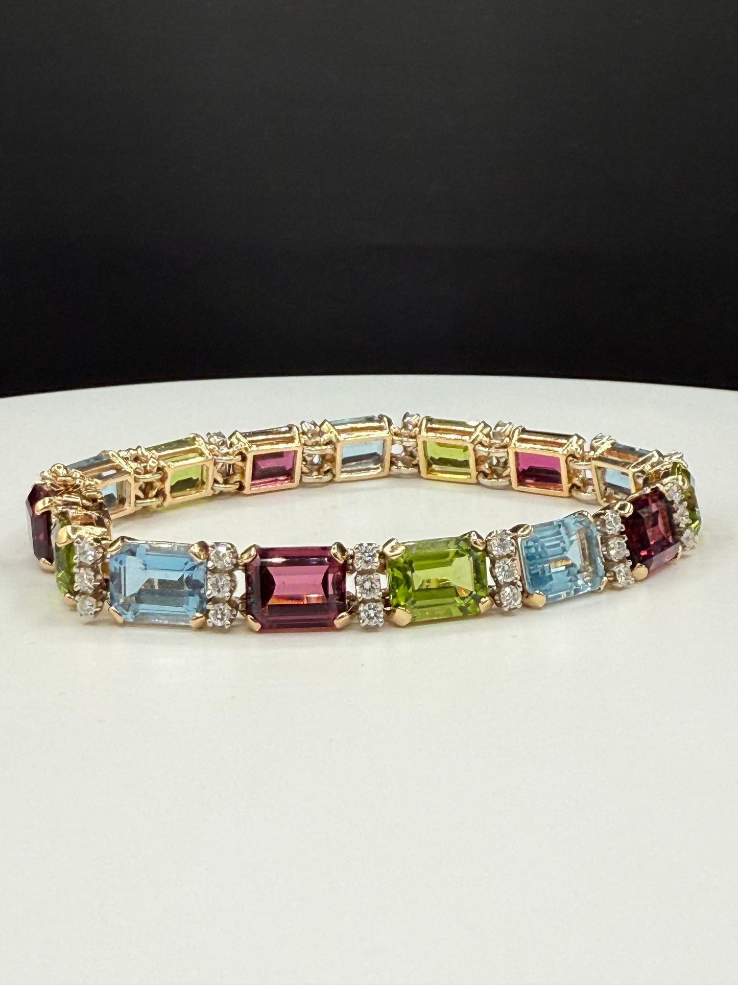 14K Gold Tourmaline Peridot Aquamarine Multi-Gemstone & Diamond Bracelet – 39.15ct