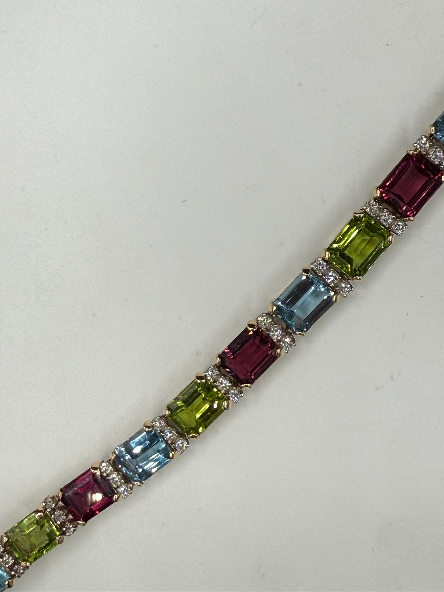14K Gold Tourmaline Peridot Aquamarine Multi-Gemstone & Diamond Bracelet – 39.15ct