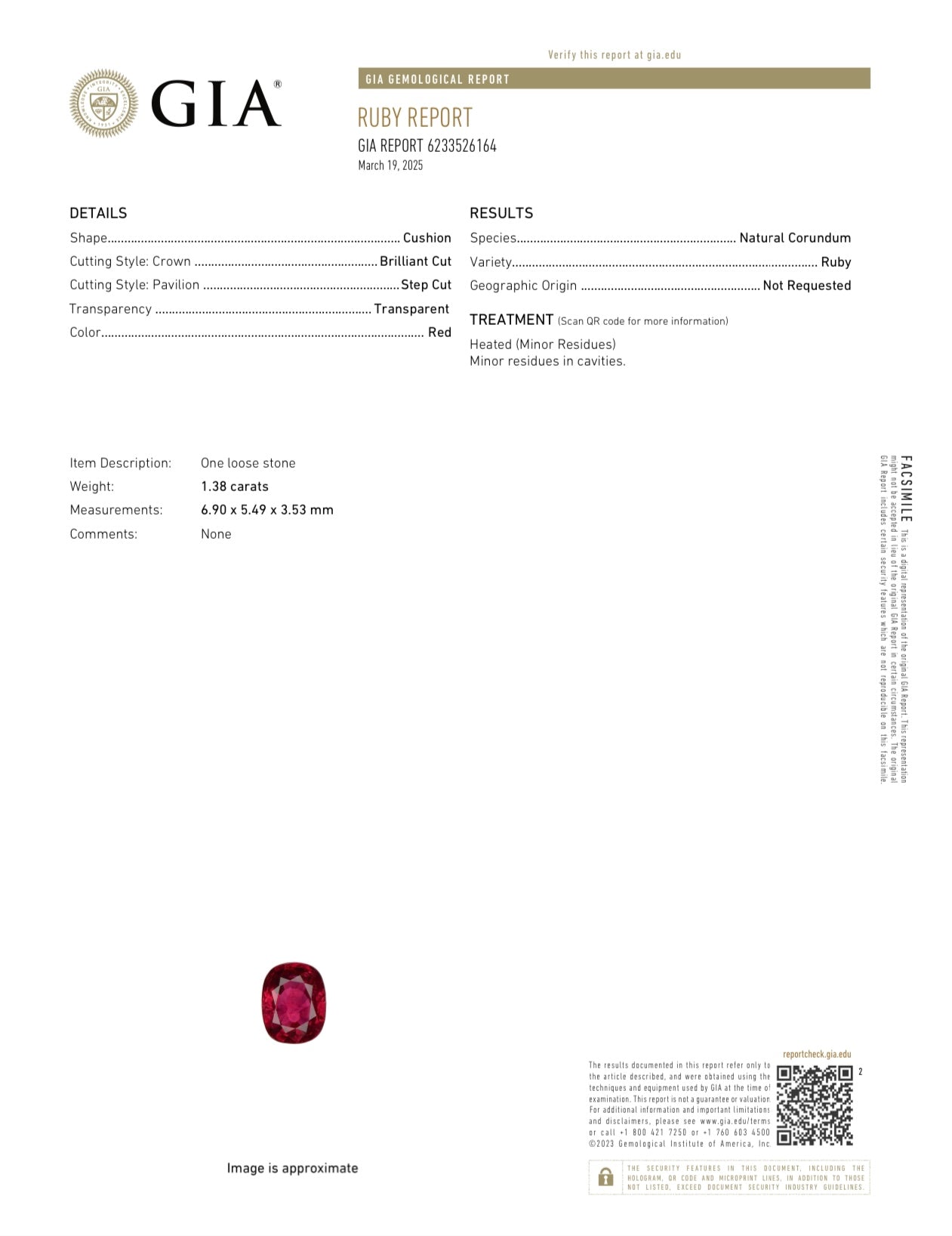 GIA Certified 1.38 Carat Natural Deep Red Cushion-Cut Ruby