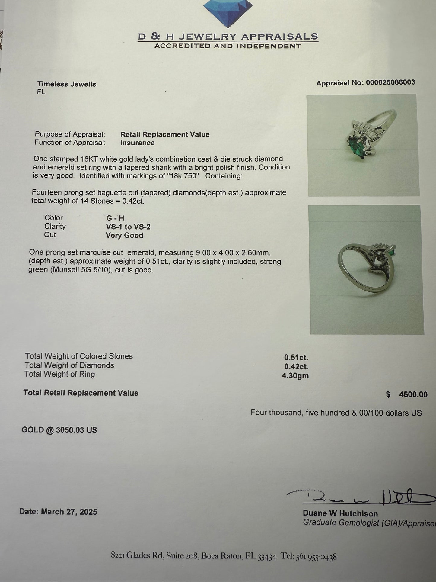 Elegant Natural Emerald & Diamond Ring 18k White Gold – Marquise Cut Emerald, Baguette Diamonds
