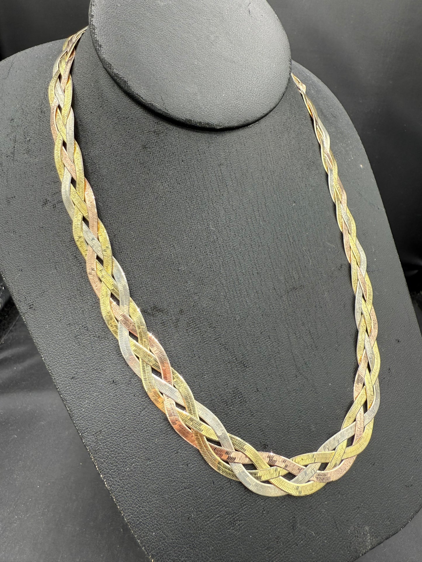 Vintage Solid Tri Color Sterling Silver Necklace 925 Italy Milor | 18.5” Handwoven Rose, Yellow & White Braided | 25.6g