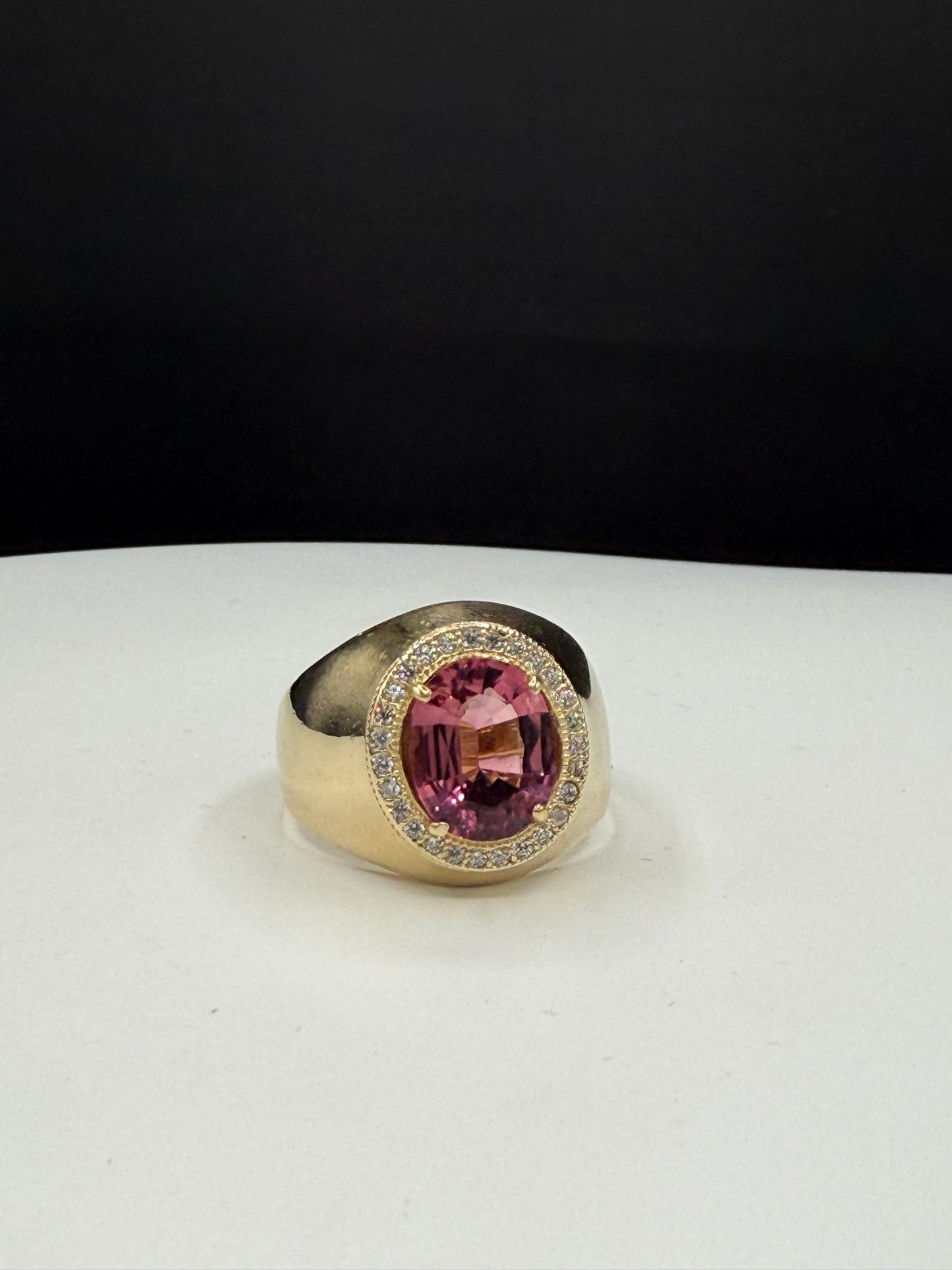 Natural Pink Tourmaline & Diamond Men’s Ring | 14k Yellow Gold (Size 10.25)