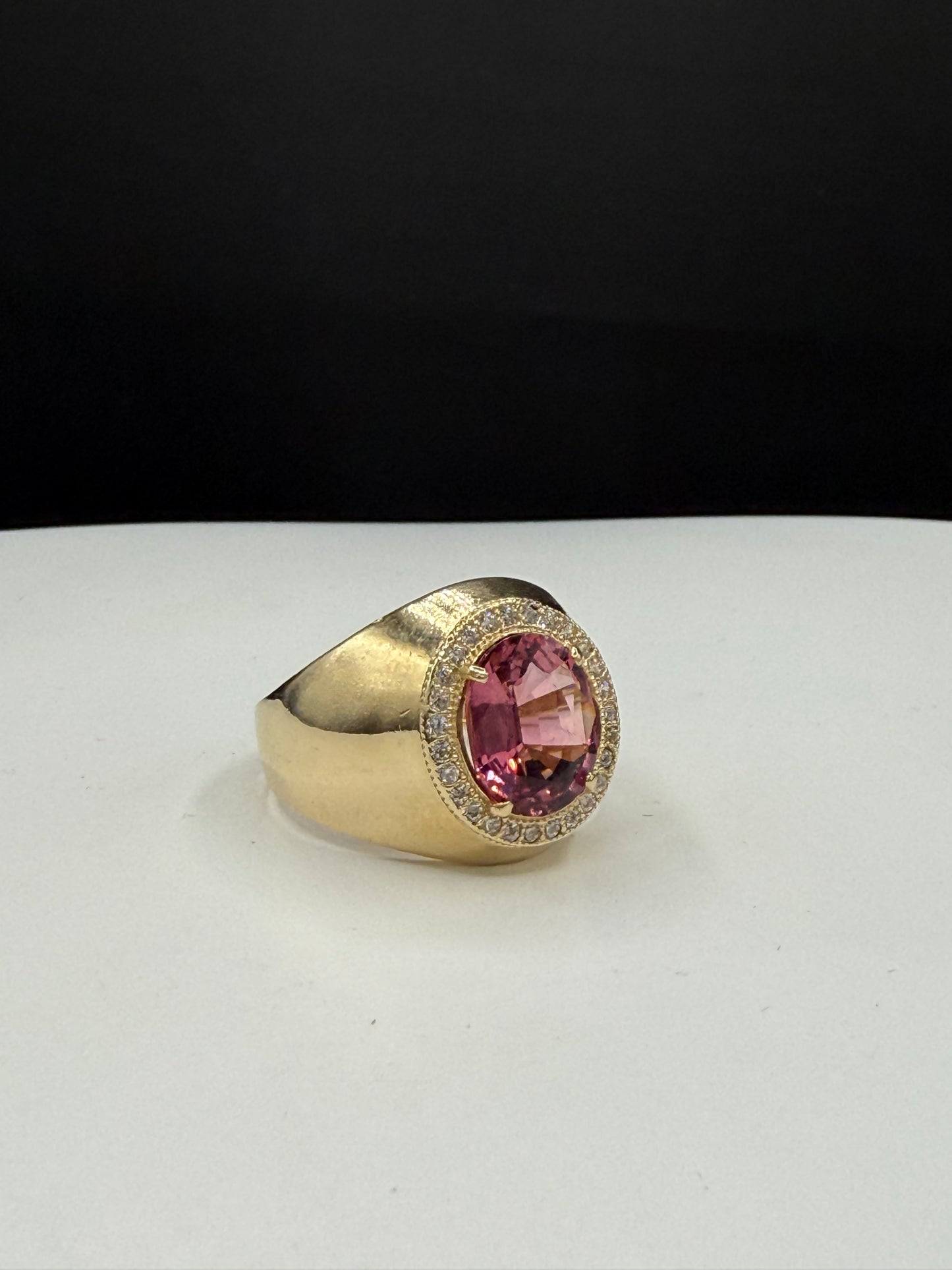 Natural Pink Tourmaline & Diamond Men’s Ring | 14k Yellow Gold (Size 10.25)